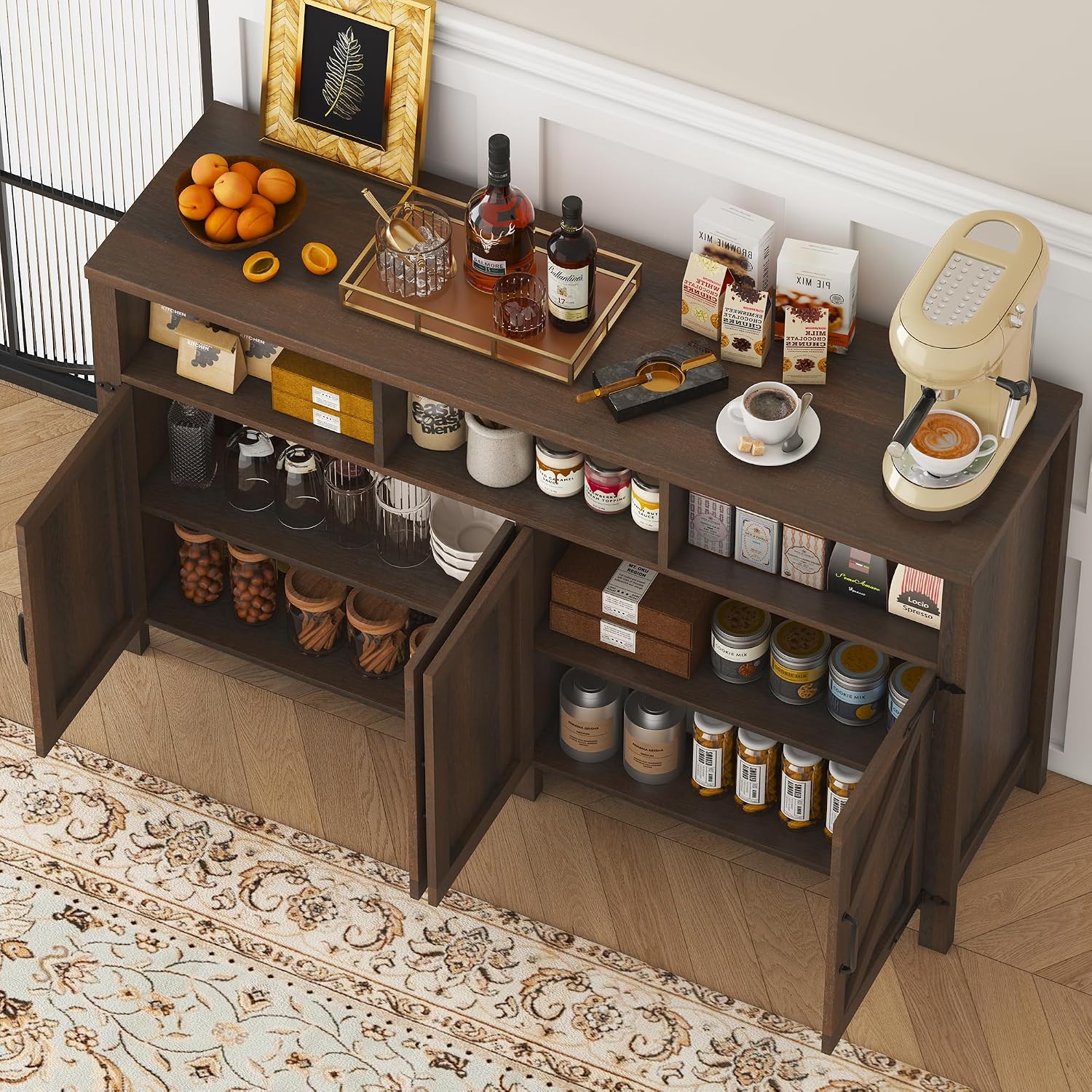 knoworld Buffet Sideboard with Storage Farmhouse with 4 Doors, 55'' Large Kitchen Storage Cabinet Wood Coffee Bar Cabinet Buffet Table with Shelves for Kitchen, Dining Room, Entryway (Brown, 55in)