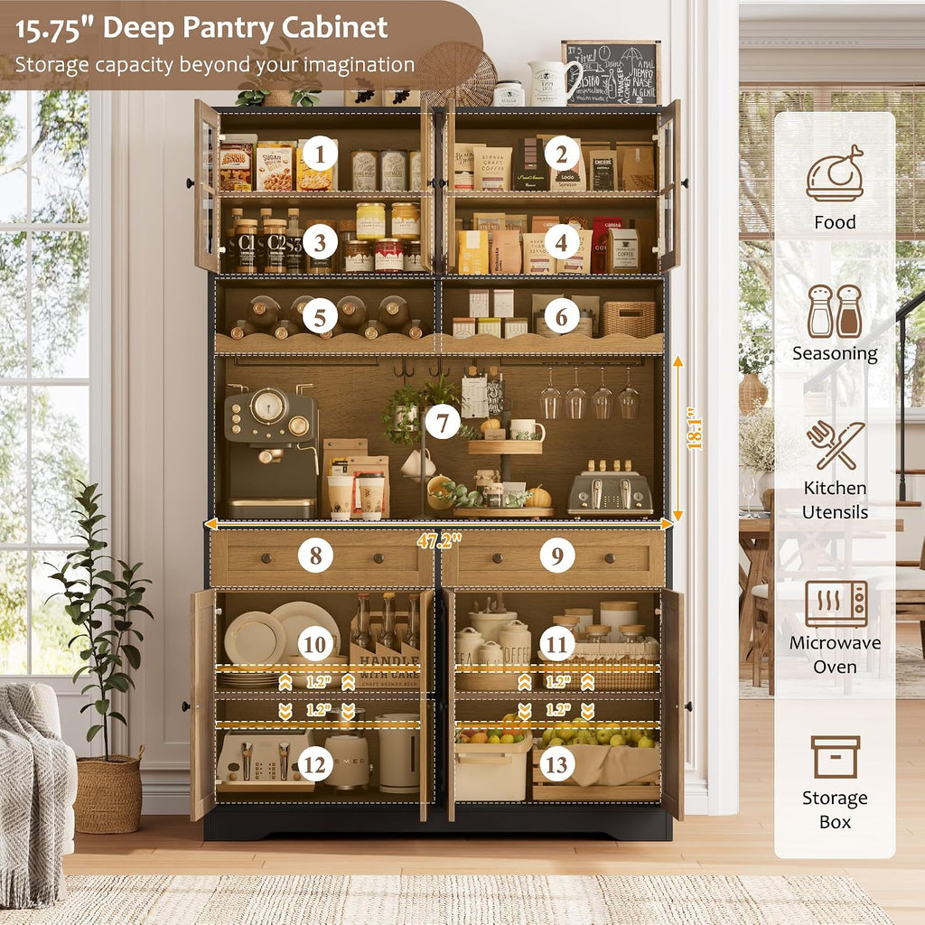 HOSTACK 75.4' Tall Kitchen Pantry Cabinet with Charging Station, Modern White Kitchen Hutch with Microwave Stand and Wine Rack, Large Food Pantry Storage Cabinet with Glass Doors and Drawers, Brown