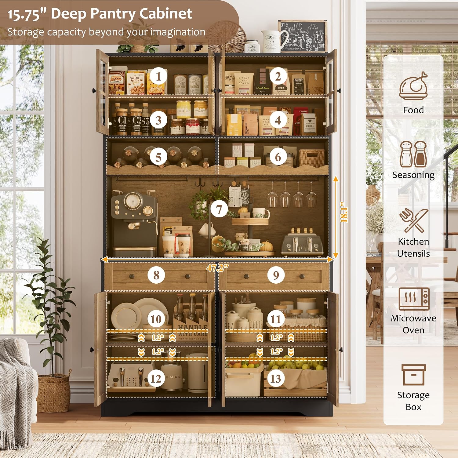 HOSTACK 75.4' Tall Kitchen Pantry Cabinet with Charging Station, Modern White Kitchen Hutch with Microwave Stand and Wine Rack, Large Food Pantry Storage Cabinet with Glass Doors and Drawers, Brown