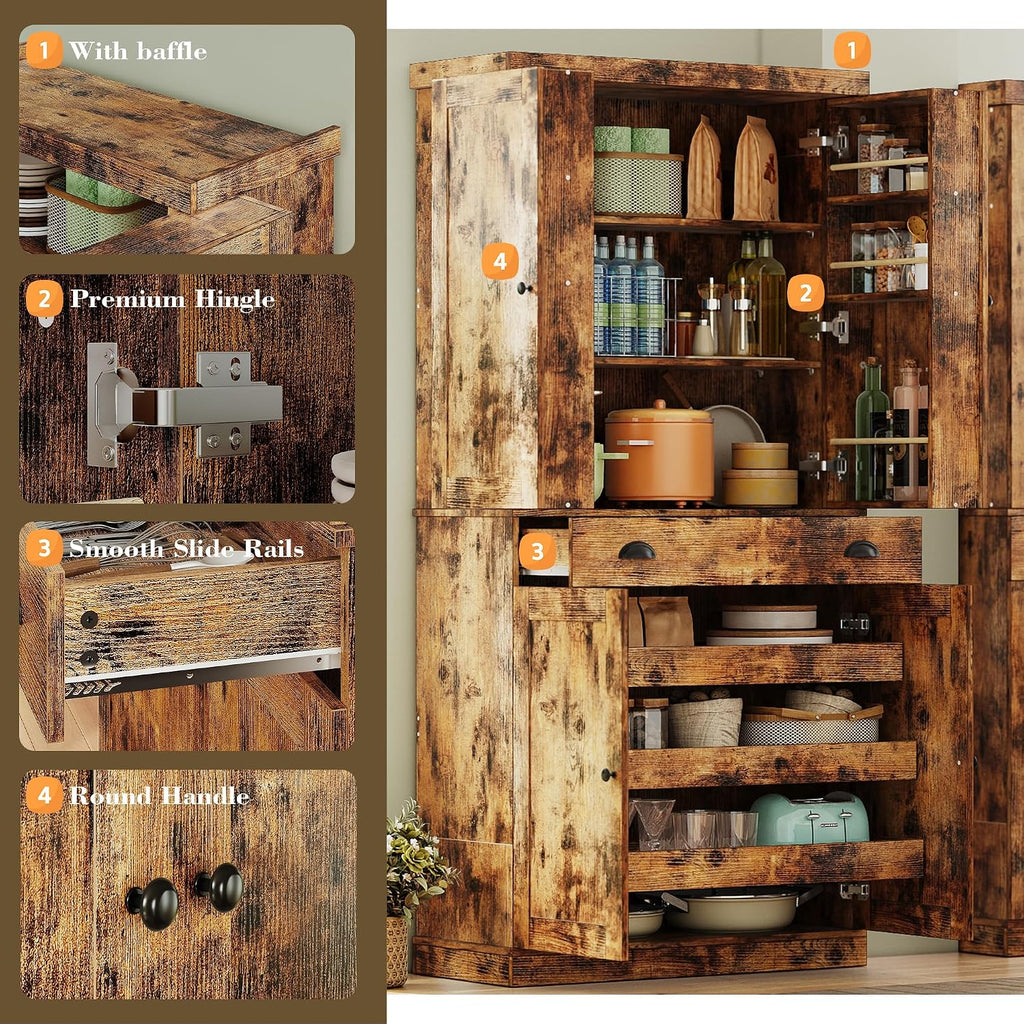 IRONCK Kitchen Pantry Cabinet 72' Height, Freestanding Cupboard with Drawer, Sliding Storage Rack, and 6 Hanging Shelves for Dining Room, Laundry, Living Room, Vintage Brown