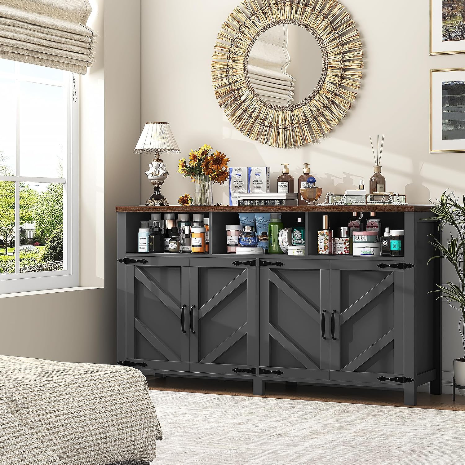knoworld Buffet Sideboard with Storage Farmhouse with 4 Doors, 55'' Large Kitchen Storage Cabinet Wood Coffee Bar Cabinet Buffet Table with Shelves for Kitchen, Dining Room, Entryway (Black, 55 in)