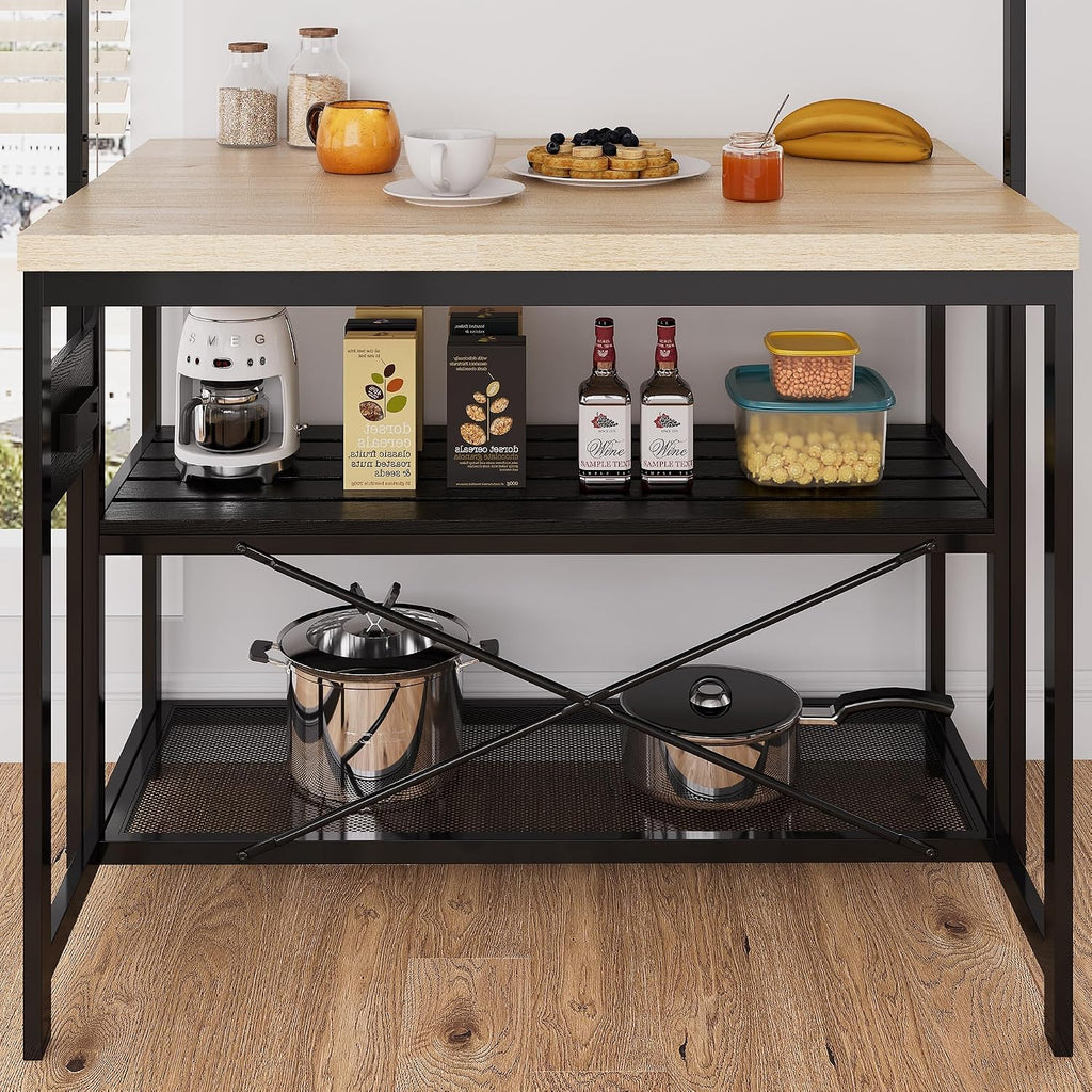 47' Large Kitchen Island Table,Bakers Rack With Power Outlet,3-Tier Storage-Microwave Stand Oven Shelf,Metal Coffee Bar Table,Kitchen Storage Shelf for Dining Living Room, 5 Hooks,47'x28'x72'