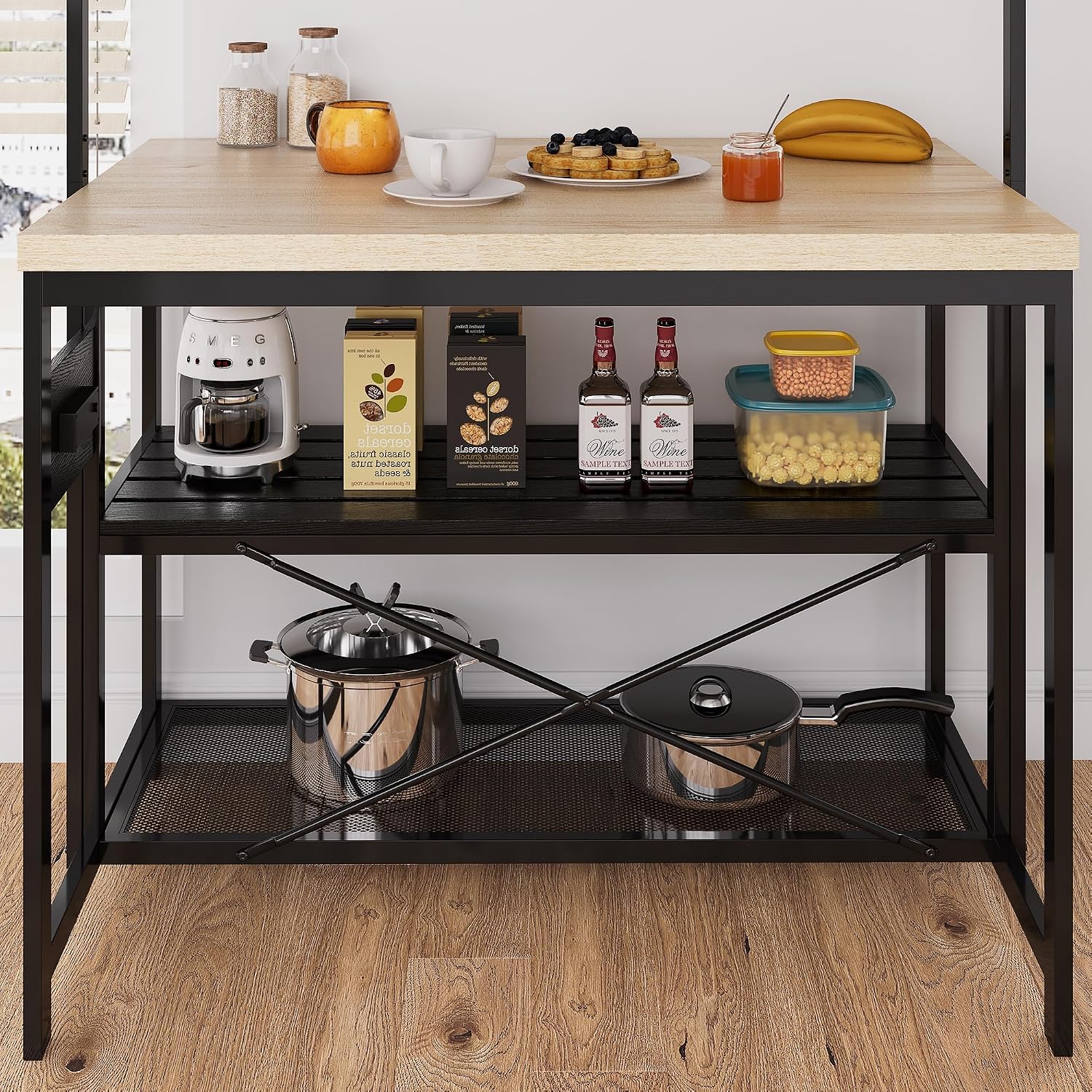 47' Large Kitchen Island Table,Bakers Rack With Power Outlet,3-Tier Storage-Microwave Stand Oven Shelf,Metal Coffee Bar Table,Kitchen Storage Shelf for Dining Living Room, 5 Hooks,47'x28'x72'