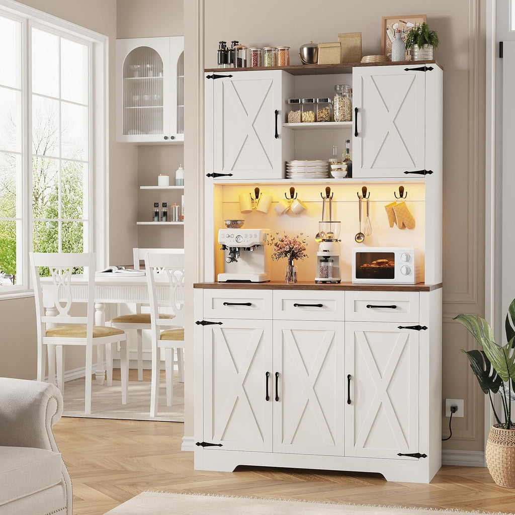 70.9' Tall Kitchen Pantry Cabinet with LED Light & Charging Station, Farmhouse Kitchen Hutch with Large Countertop & 10 Hooks, Kitchen Cabinet Storage with Drawers for Living Room, Dining Room, White