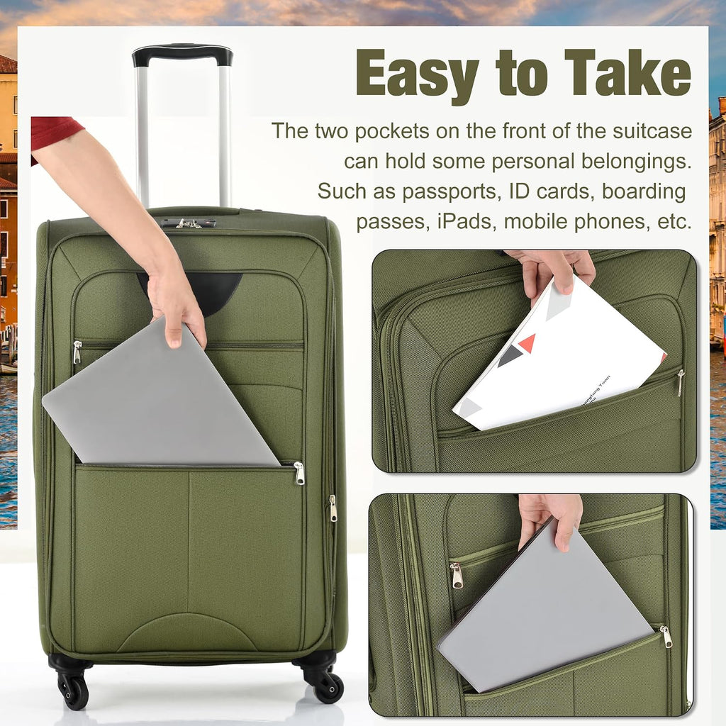 Merax Softside Luggage Set 3 Piece Suitcase with Duffel Bag Spinner Wheels Lightweight Expandable Travel Luggage 22' 26' 30',Army Green