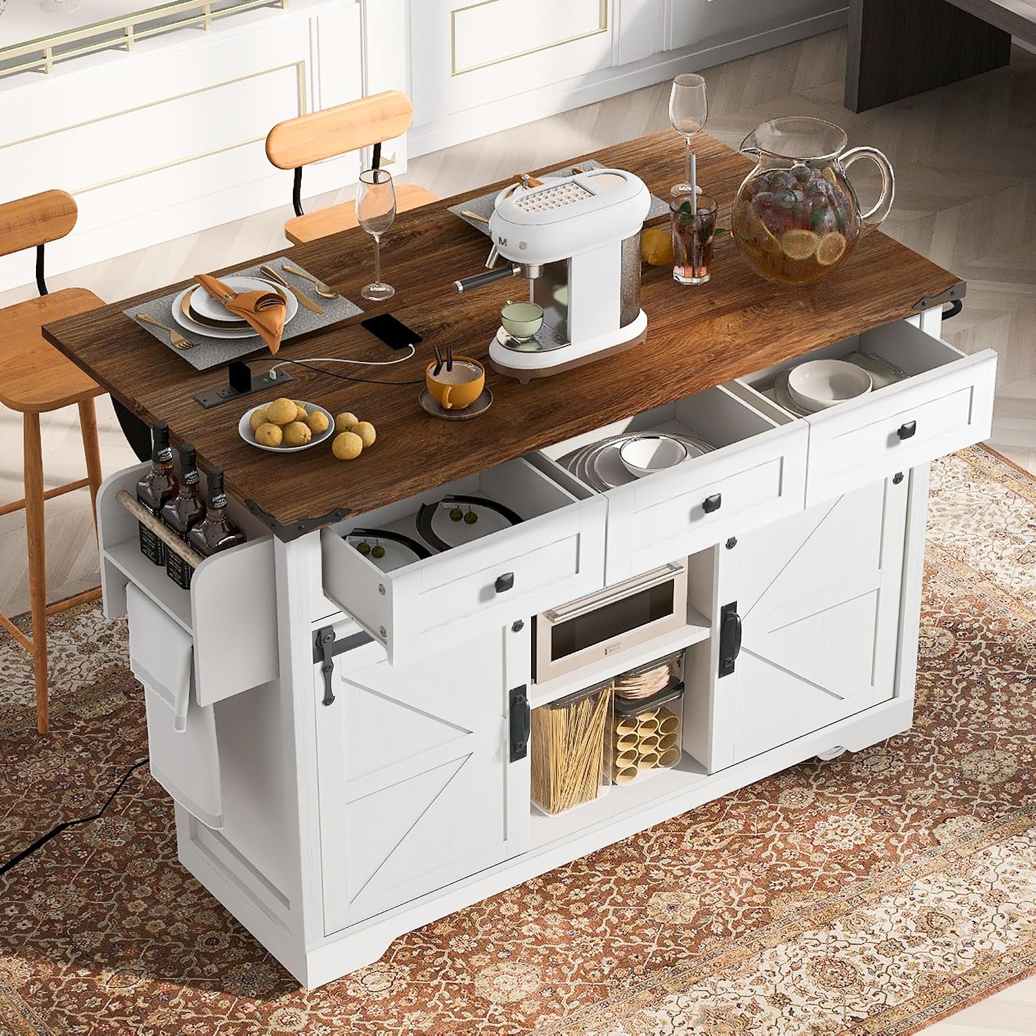 53.7' Farmhouse Rolling Kitchen Island Cart on Wheels with Power Outlet, Storage Island with Drop Leaf, Spice Rack, 2 Sliding Barn Door and Drawer for Dining Room Kitchens Living Room White