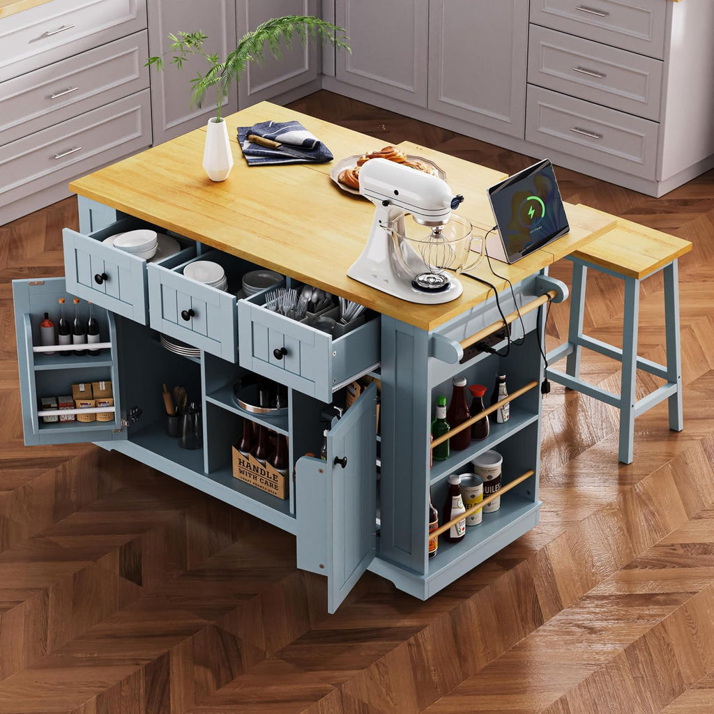 Large Kitchen Island Cart on 5 Wheels with 2 Bar Stools, Power Outlet, 3 Drawers, Kitchen Storage Cart with 5 Open Side Racks, Drop Leaf for Kitchen, Dining Room, Home Bar Grey Blue