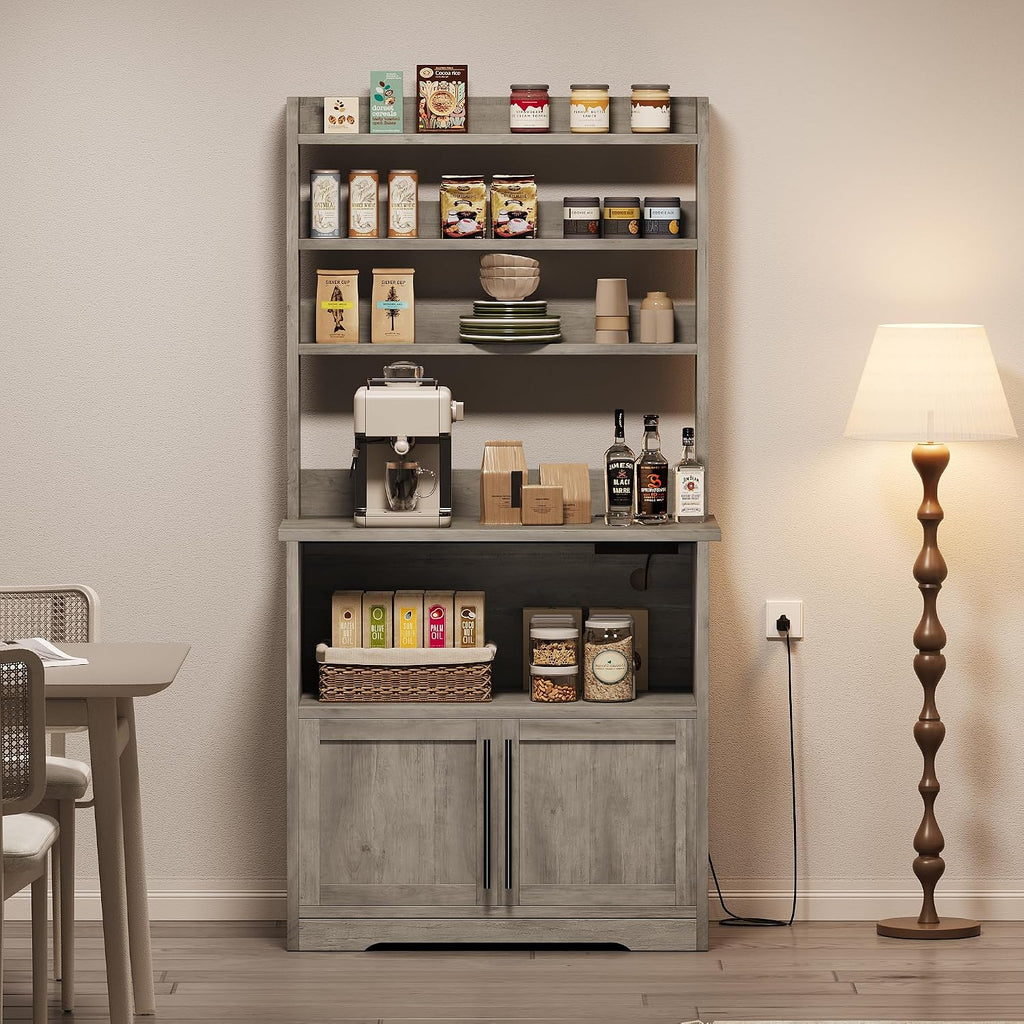Bakers Rack with Storage Cabinet, Farmhouse Microwave Stand with Power Outlets, Small Kitchen Bakers Rack with Thick Table Top, Coffee Bar Station for Dining Room, Retro Gray