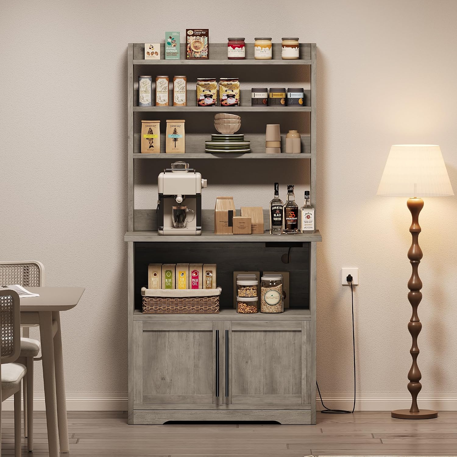 Bakers Rack with Storage Cabinet, Farmhouse Microwave Stand with Power Outlets, Small Kitchen Bakers Rack with Thick Table Top, Coffee Bar Station for Dining Room, Retro Gray