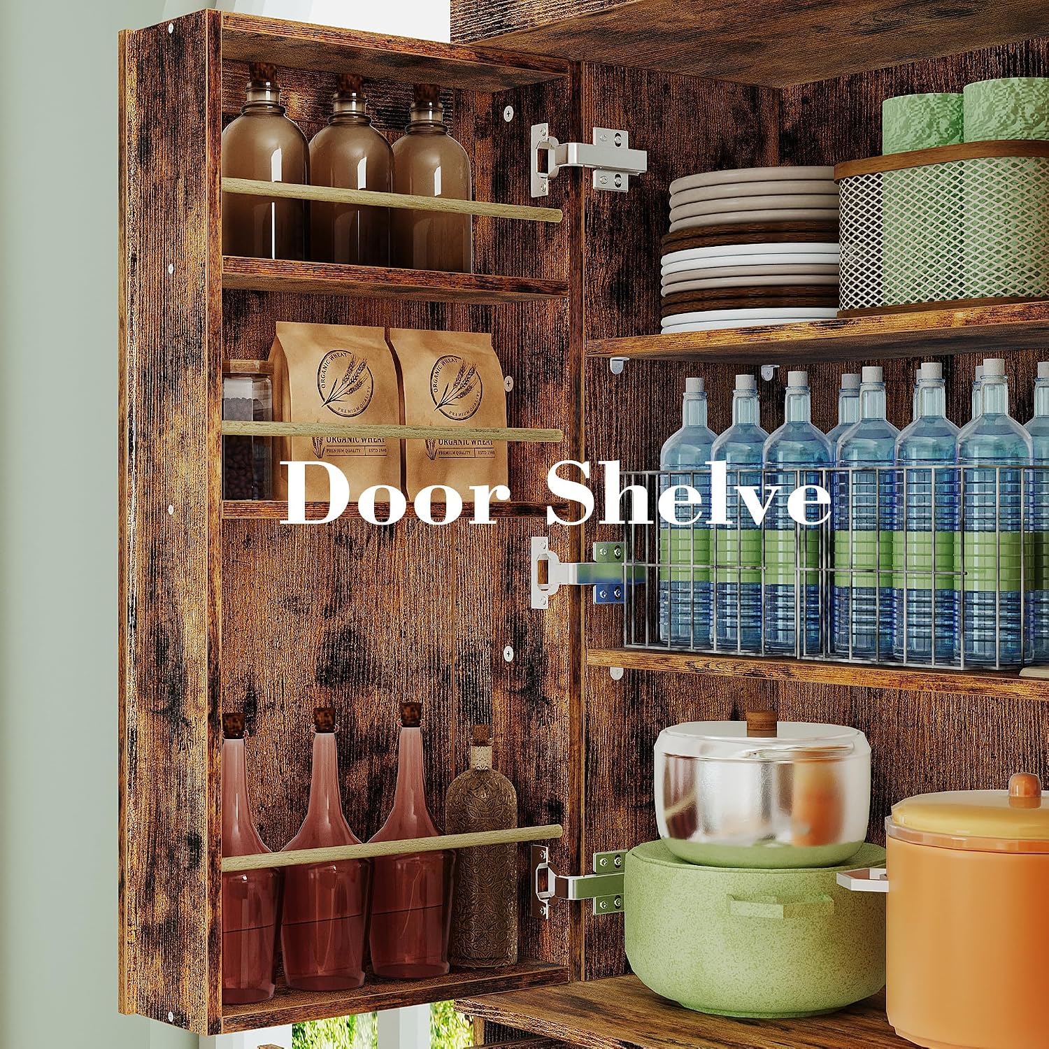 IRONCK Kitchen Pantry Cabinet 72' Height, Freestanding Cupboard with Drawer, Sliding Storage Rack, and 6 Hanging Shelves for Dining Room, Laundry, Living Room, Vintage Brown