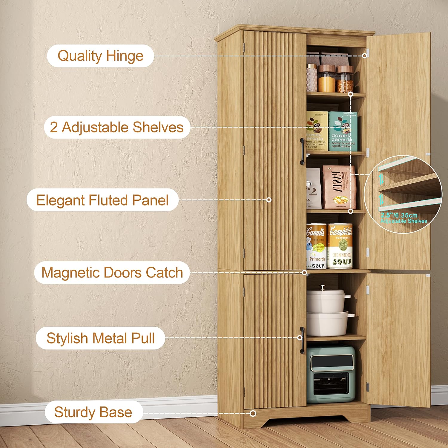 Yusong 72' Tall Fluted Kitchen Pantry Cabinet, Storage Cabinet with 6 Shelves, Cupboard for the Kitchen, Dining Room, Bedroom, Living Room, Office