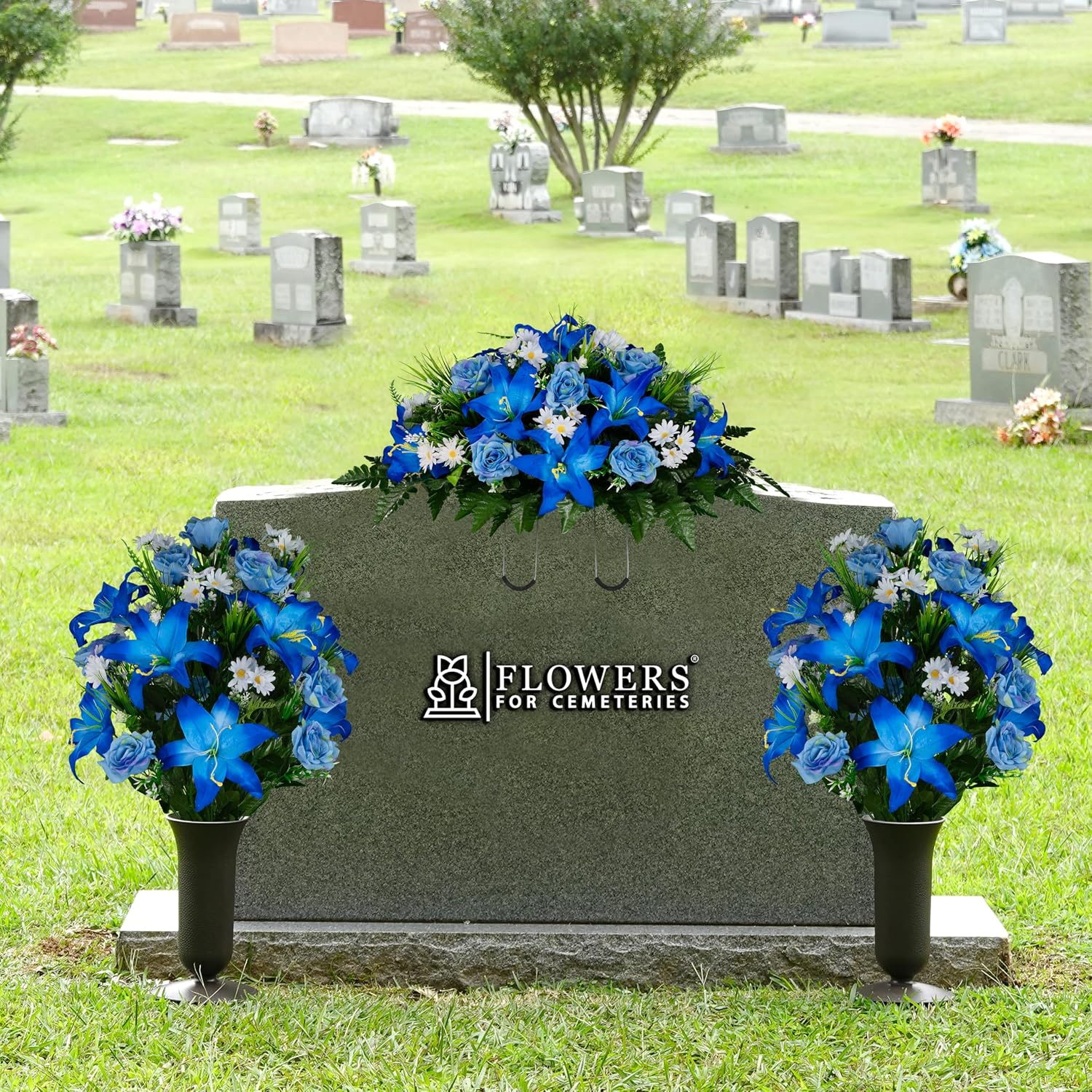 Sympathy Silks Artificial Cemetery Flowers - Gravesite Flowers - Blue Lily and Rose with White Daisies - (1) Headstone Flower Saddle & (2) Matching Bouquet (2) Cemetery Vase Included