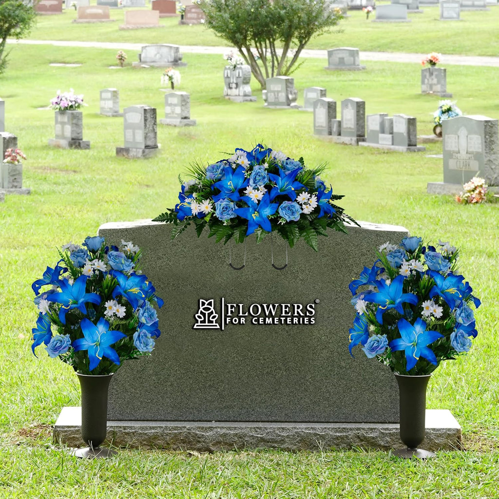 Sympathy Silks Artificial Cemetery Flowers - Gravesite Flowers - Blue Lily and Rose with White Daisies - (1) Headstone Flower Saddle & (2) Matching Bouquet