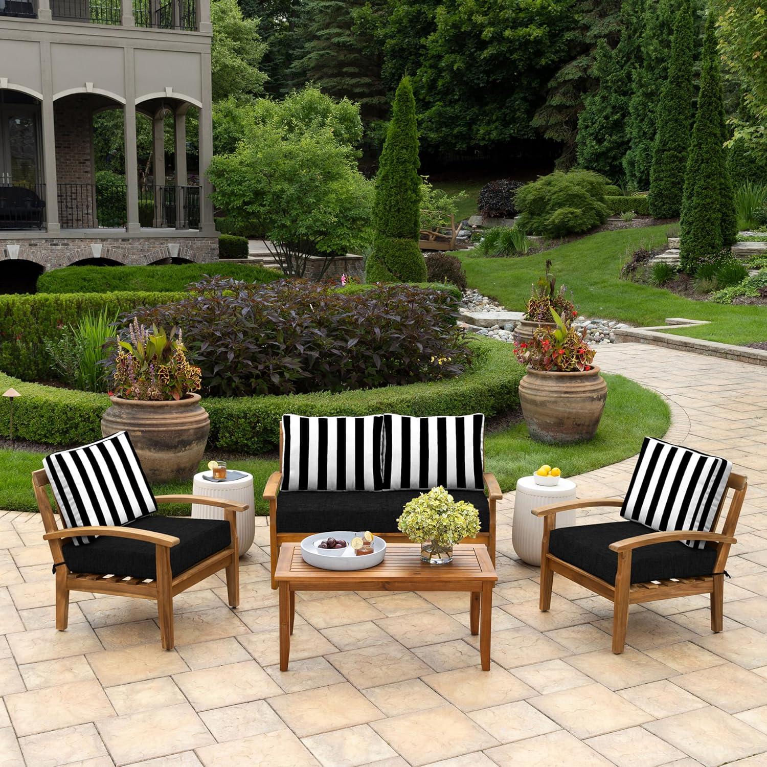 Arden Outdoor Loveseat Cushion Set, 48 x 24, Water Repellent, Fade Resistant, Cushion Set for Couch, Bench, and Swing, Black Cabana Stripe