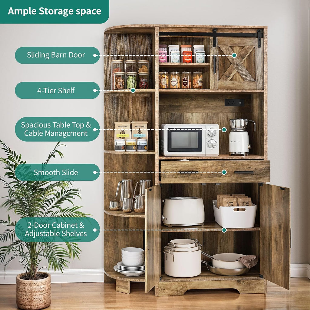 YITAHOME 67' Farmhouse Kitchen Pantry with Power Outlet, Sliding Barn Door Storage Cabinet w Charging Station, Freestanding Hutch with Shelves & Drawer, Microwave Stand Cupboard for Dining Room, Oak