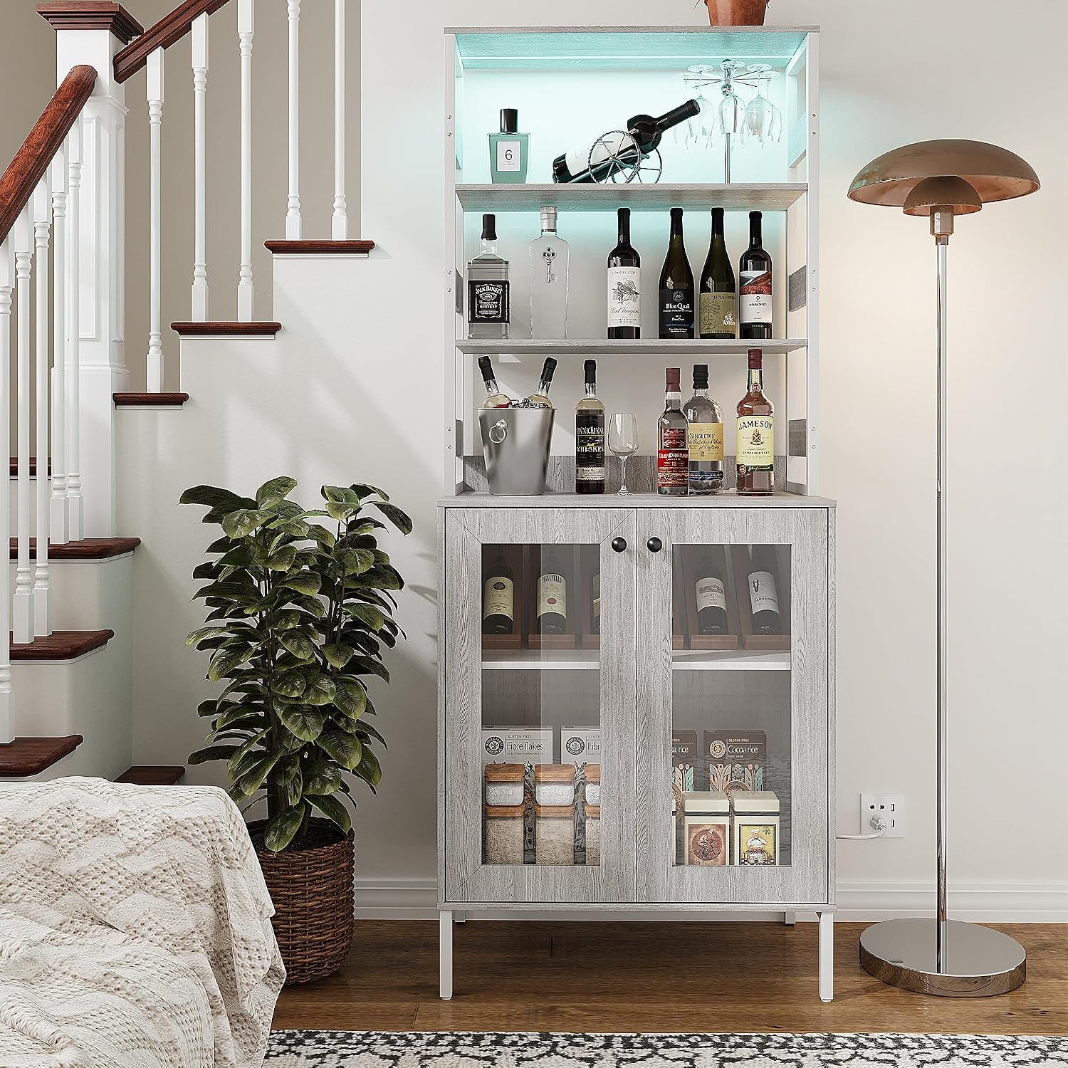 66.9' Bar Cabinet with Power Outlets & LED Lights, Pantry Cabinet with Glass Doors, Kitchen Bakers Rack, Microwave Stand Bakers Rack Cabinet for Dining Room, Living Room, Hallway