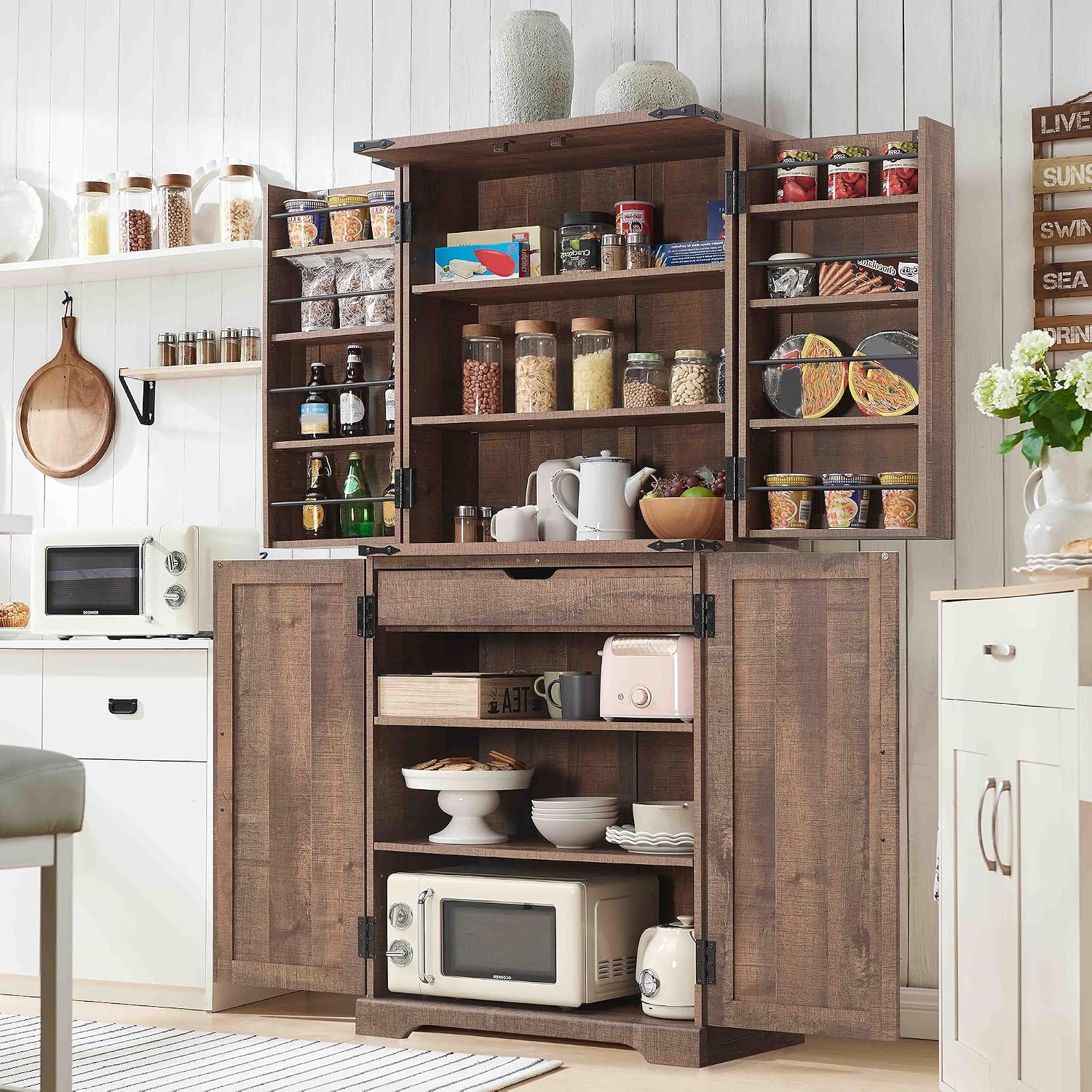 ACCOHOHO 72' Tall Kitchen Pantry, Farmhouse Storage Cabinet with Barn Doors, Organizer, Drawer and Adjustable Shelves, Rustic Wood Cupboard for Kitchen, Dining Room, Bathroom, Rustic Brown
