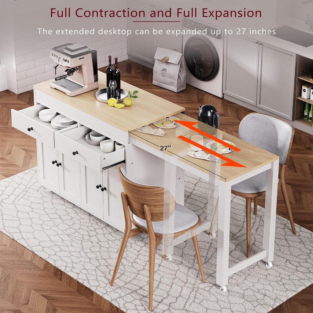 74.5 inch Kitchen Island with Extendable Dining Table, Rolling Kitchen Island on Wheels with Spice Rack and 2 Drawers, Kitchen Storage Cart with 4 Door Cabinet, for Kitchen, Dining Room (Off White/E)