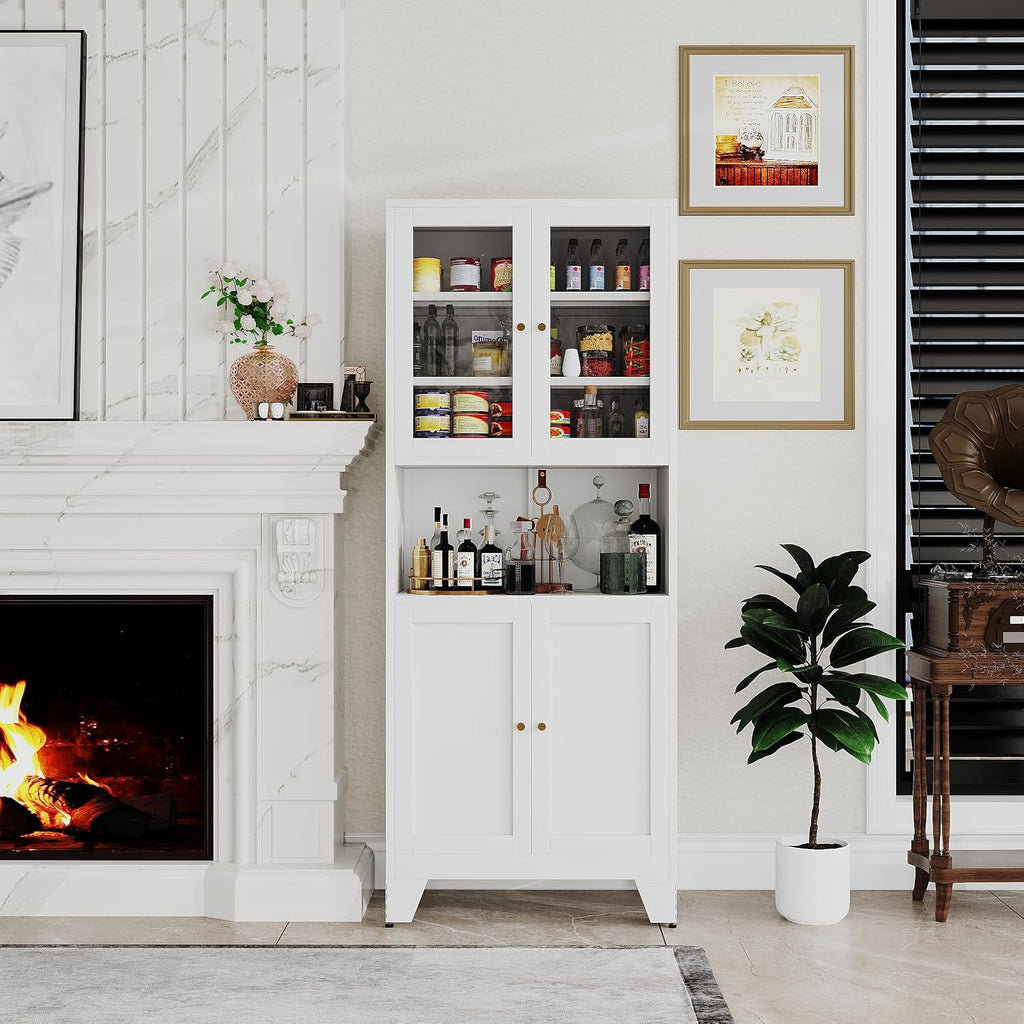 68.9'' Metal Kitchen Pantry Cabinet with Doors and Adjustable Shelves, Hutch Cabinet with Microwave Storage, Kitchen Cabinet Storage for Living Room, Bathroom, Home (White-Glass)
