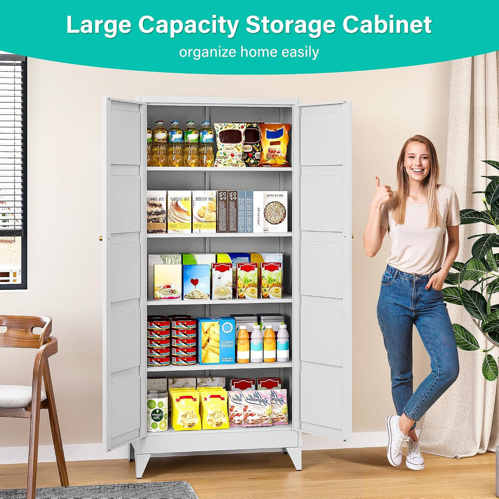 SISESOL Wide & Deep Pantry Storage Cabinet with 2 Doors and 5 Shelves,72 inch Tall Metal Storage Cabinet,Large Cupboard,White Cabinets for Home,Kitchen,Bathroom,Dining/Living Room