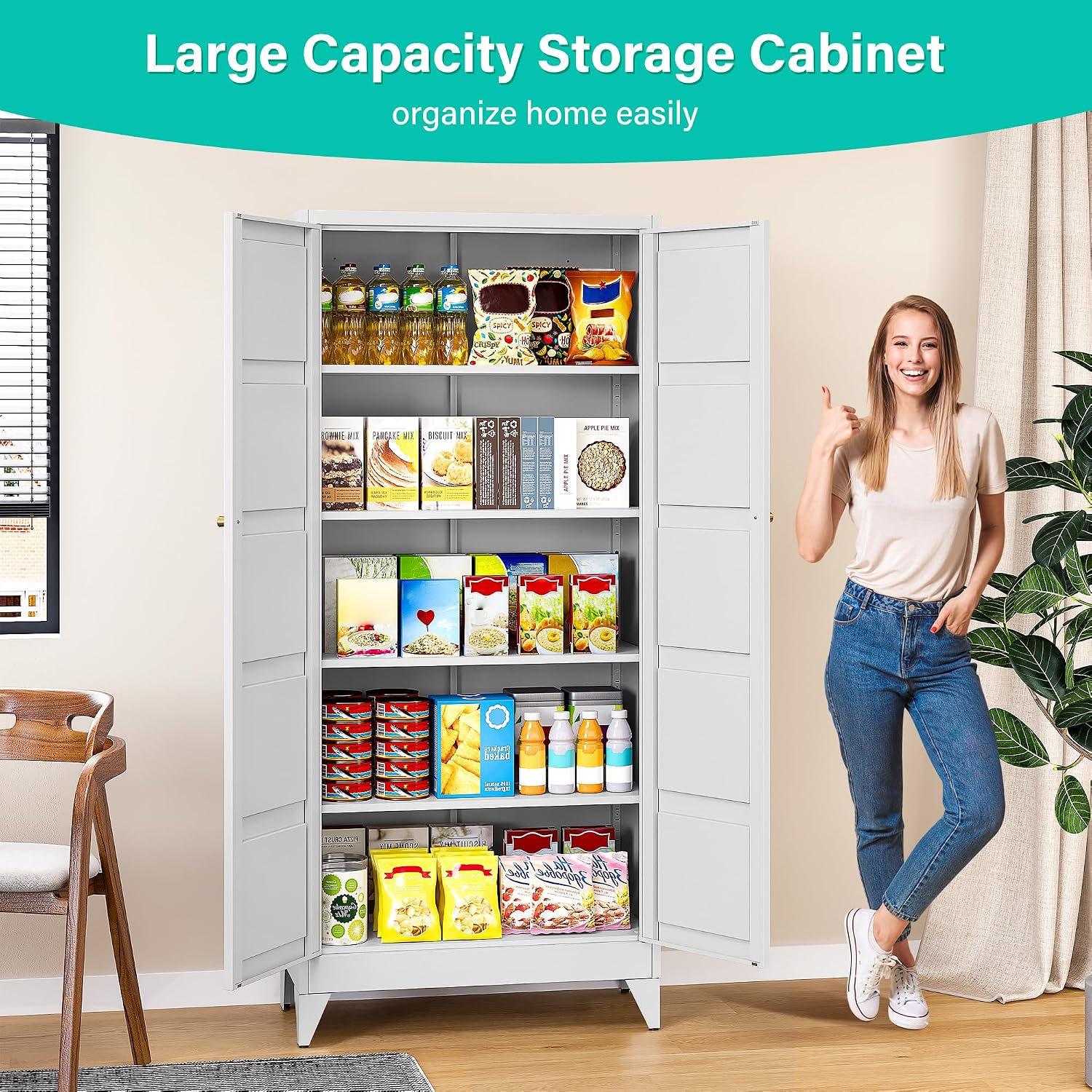 SISESOL Wide & Deep Pantry Storage Cabinet with 2 Doors and 5 Shelves,72 inch Tall Metal Storage Cabinet,Large Cupboard,White Cabinets for Home,Kitchen,Bathroom,Dining/Living Room