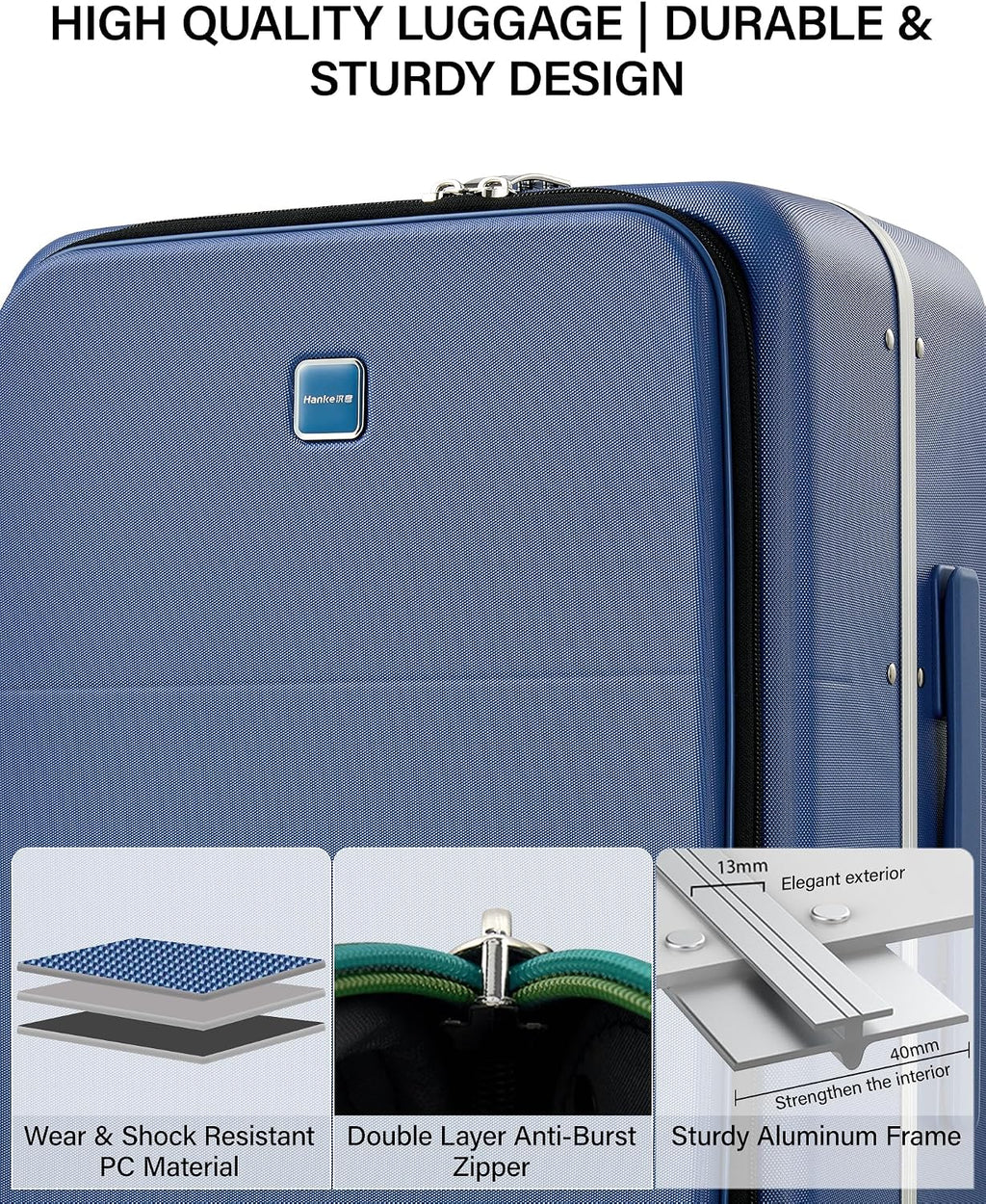 Hanke 20 Inch Top Opening Carry On Luggage with Cup Holder, Hard Shell Suitcase with Spinner Wheels, USB Ports, TSA Lock Aluminum Frame, Dry Wet Separation & Removable Divider, Interstellar Blue
