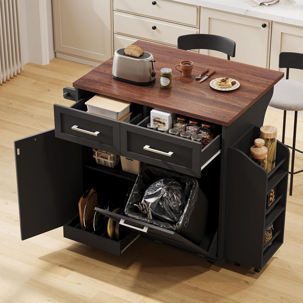 47.2' Farmhouse Kitchen Island with Drop Leaf and Removable Side Racks, Two Drawers, Rolling Kitchen Cart on Wheels with Towel Rack, for Home, Dining Room (Black/V1)