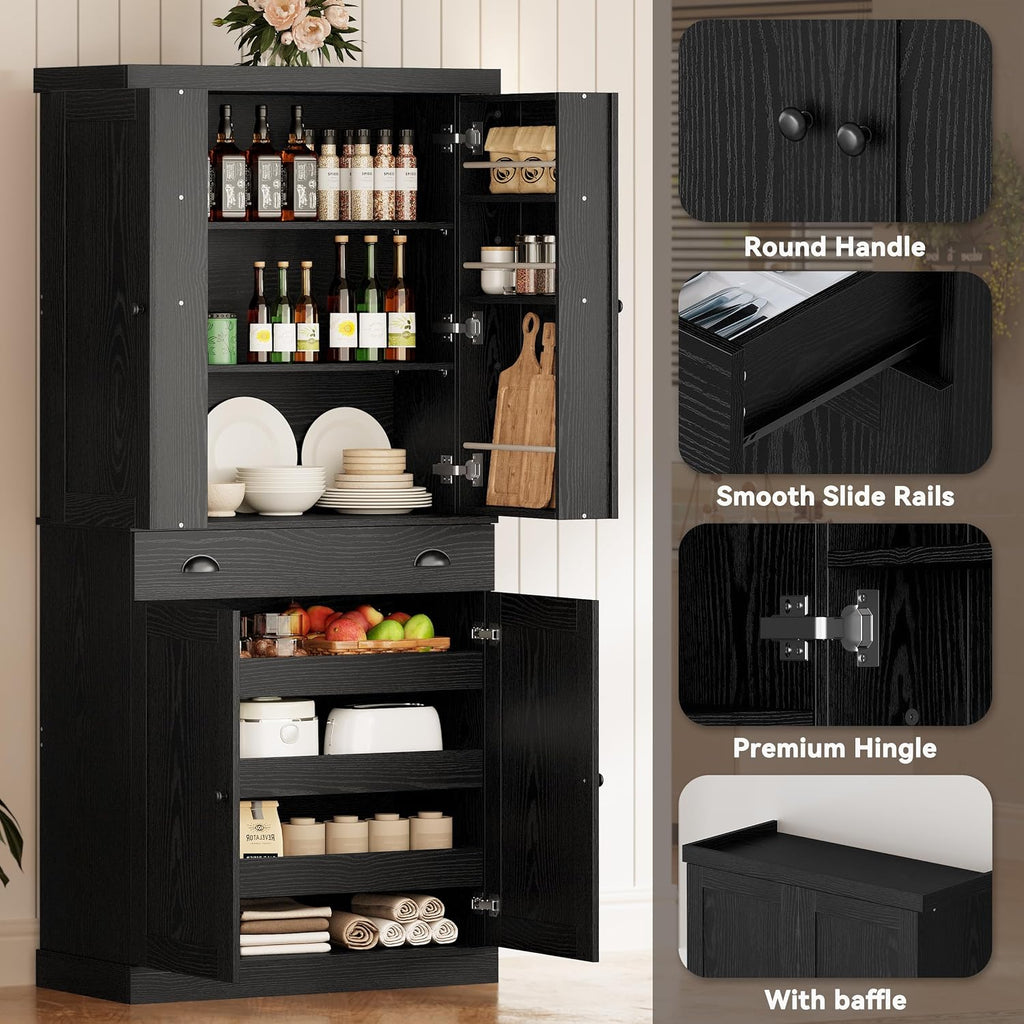 IRONCK Kitchen Pantry Cabinet 72' Height, Freestanding Cupboard with Drawer, Sliding Storage Rack, and 6 Hanging Shelves for Dining Room, Laundry, Living Room, Black