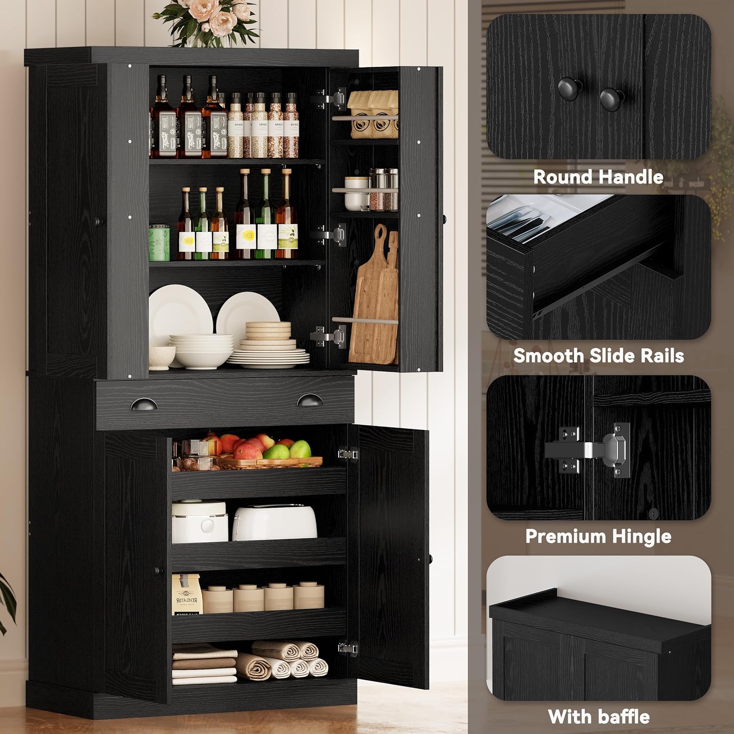 IRONCK Kitchen Pantry Cabinet 72' Height, Freestanding Cupboard with Drawer, Sliding Storage Rack, and 6 Hanging Shelves for Dining Room, Laundry, Living Room, Black