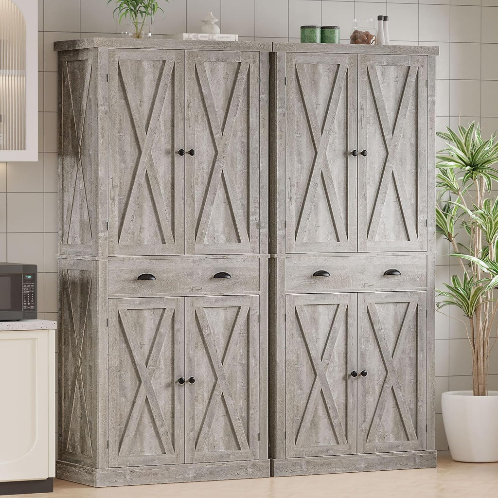 IRONCK Kitchen Pantry Storage Cabinet 72.6' H, with Barn Doors, Drawer, 4 Adjustable Shelves, Freestanding Cupboard for Dining Room Living Room, Laundry, Rustic Maple