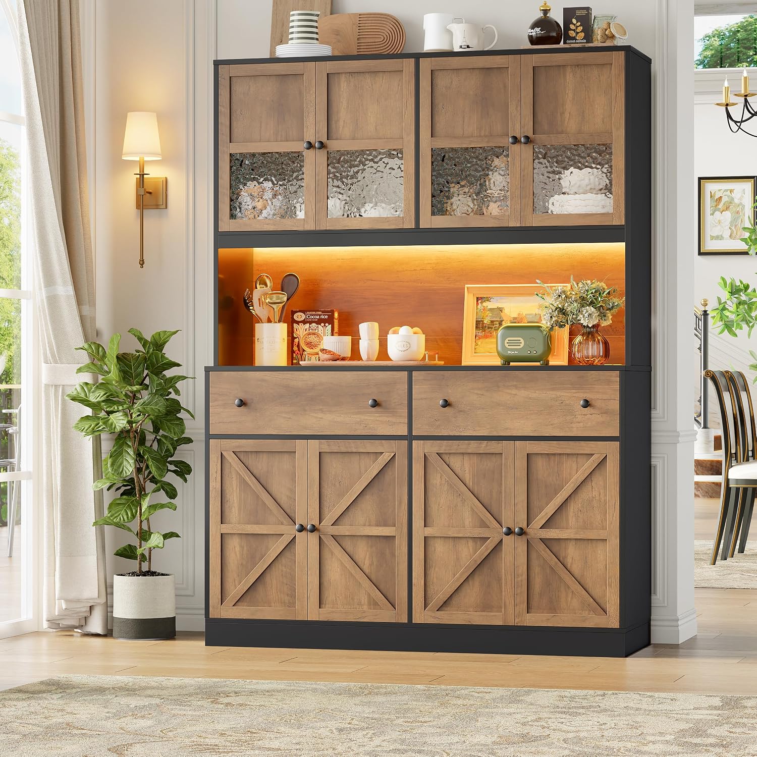 FINETONES 71' Pantry Cabinet with LED Light and Charging Station, Farmhouse Kitchen Pantry Cabinet with Microwave Stand, 47.2' Wide Kitchen Hutch Food Pantry with Open Countertop, Black/Brown