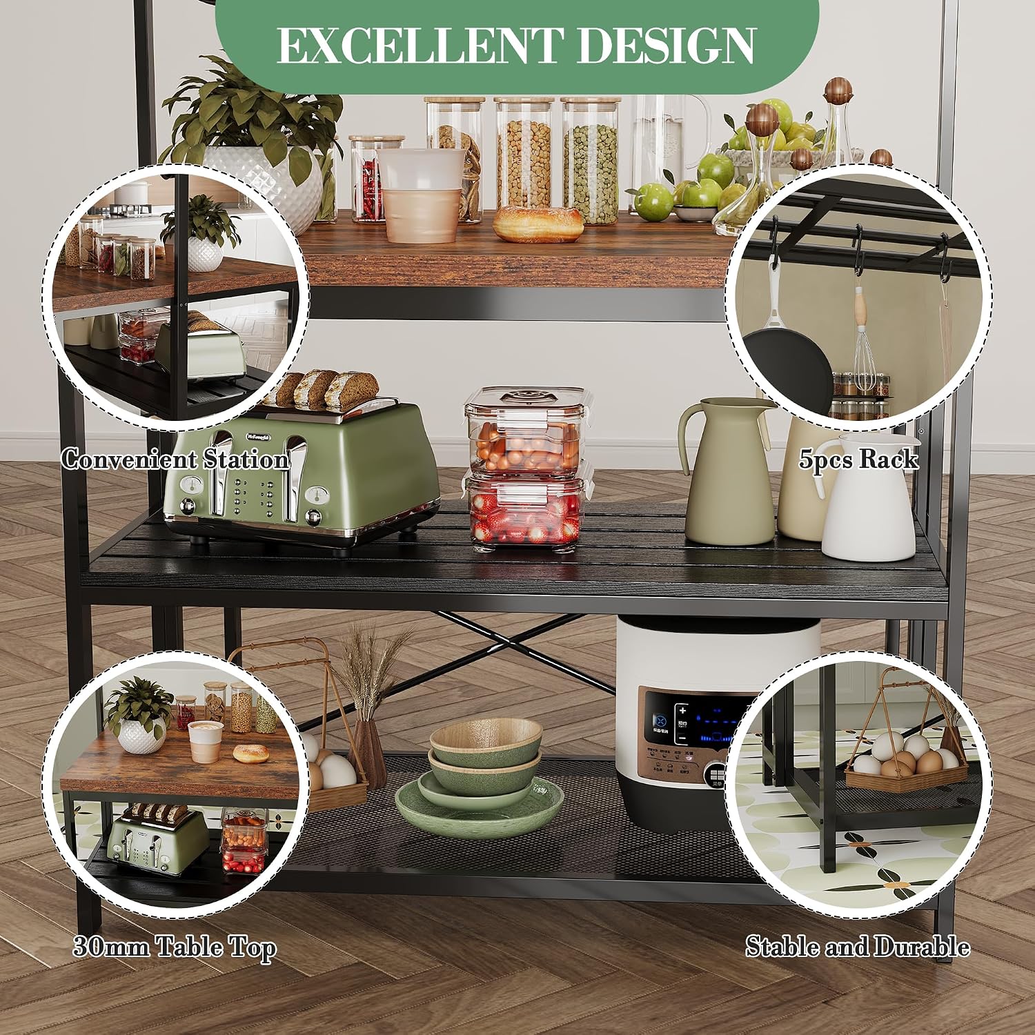 Kitchen Island with 3 Tier Storage Shelf, 42'' Wooden Island Table with Bakers Rack, Microwave Oven, 5 Hooks for Kitchen, Living Room, Dining Room, Modern Bar Table and Chairs Set for 2