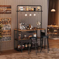 Industrial Kitchen Island Dining Table with Power Outlet – Includes 2 Bar Stools, 3-Tier Storage Shelves, 5 Hooks, Microwave Stand – Multifunctional Coffee Bar for Dining Room, Living Room