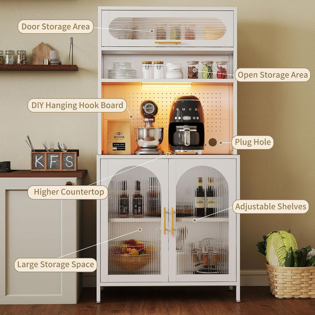 BECHEAO 5 Tier Metal Kitchen Pantry Storage Cabinet with LED Sensor Light, 66' Tall Food Pantry Cabinet, DIY Pegboard, Adjustable Shelves, Microwave Stand & Coffee Bar with Storage for Kitchen, White