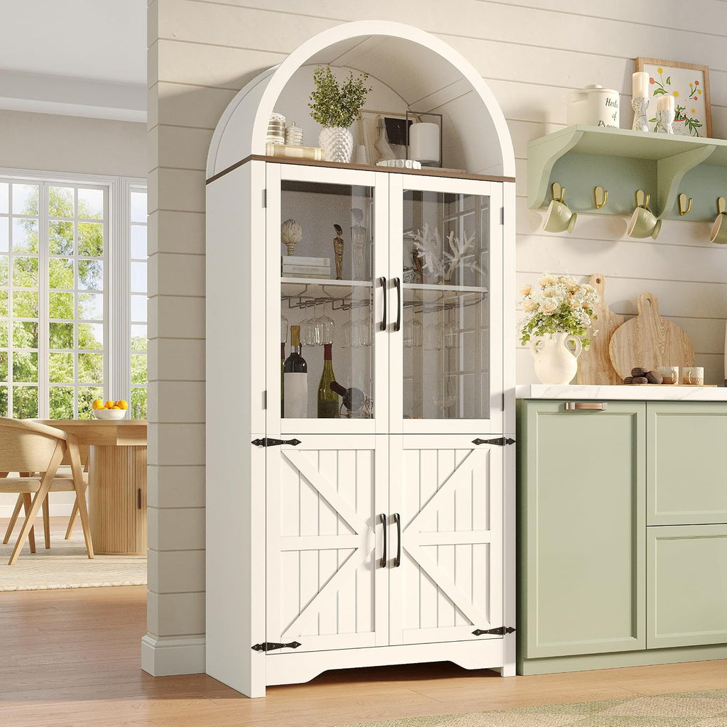Maupvit Arched Wine Cabinet with Glass Door, 72' Tall Coffee Bar Cabinets with Wine Rack, Liquor Cabinet for Home, Kitchen Pantry Cupboard for Dining Living Room (White)