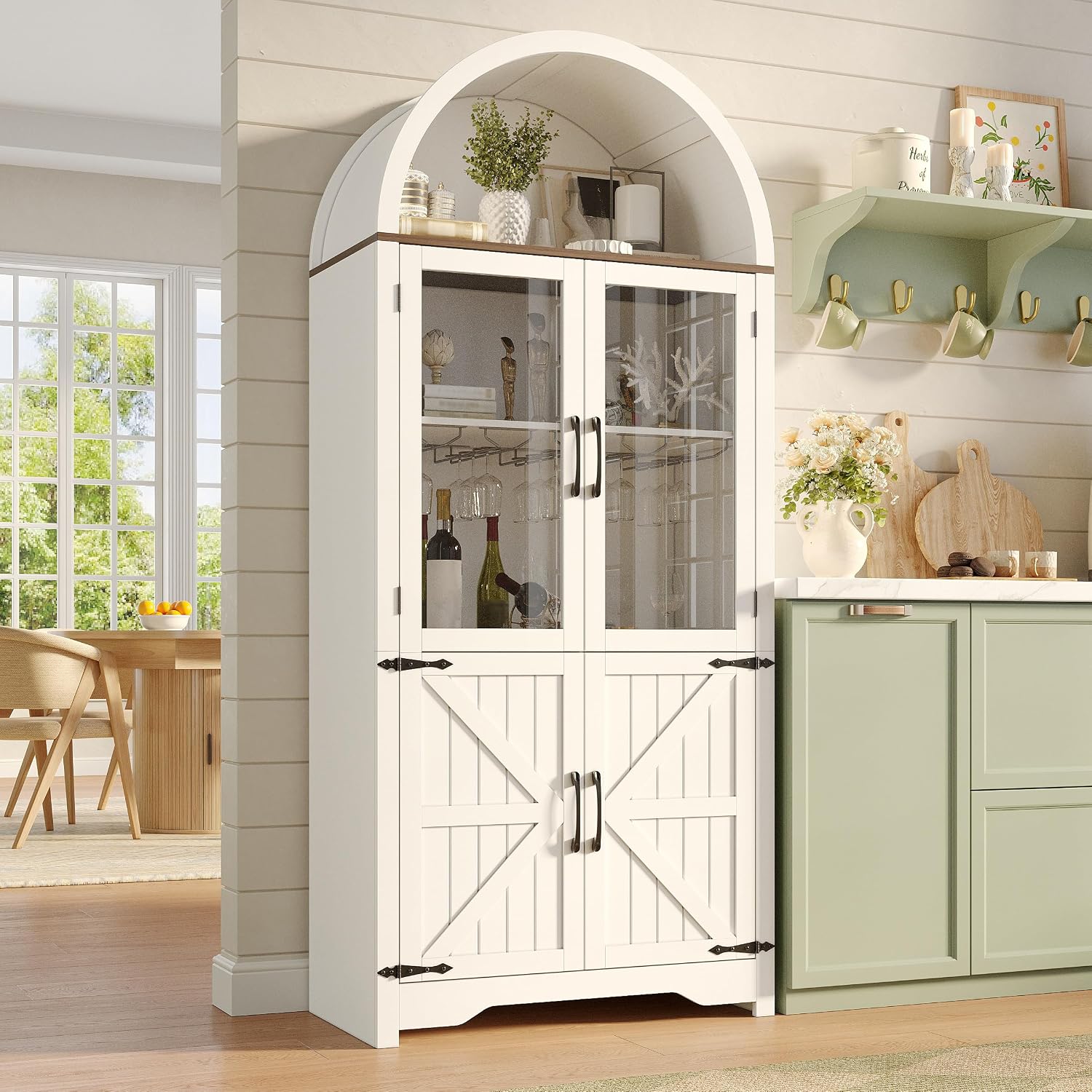 Maupvit Arched Wine Cabinet with Glass Door, 72' Tall Coffee Bar Cabinets with Wine Rack, Liquor Cabinet for Home, Kitchen Pantry Cupboard for Dining Living Room (White)