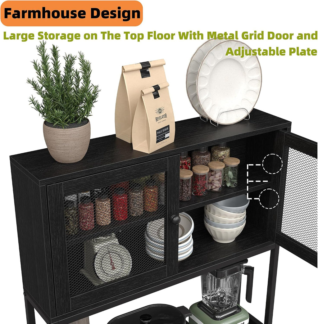 Furniouse 6-Tier Kitchen Bakers Rack with Power Outlet, Industrial Microwave Oven Stand with Shelves, Kitchen Utility Storage Shelf with Cabinet, Standing Storage Rack (Black)