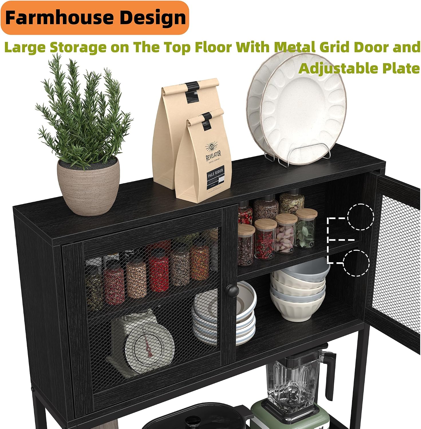 Furniouse 6-Tier Kitchen Bakers Rack with Power Outlet, Industrial Microwave Oven Stand with Shelves, Kitchen Utility Storage Shelf with Cabinet, Standing Storage Rack (Black)