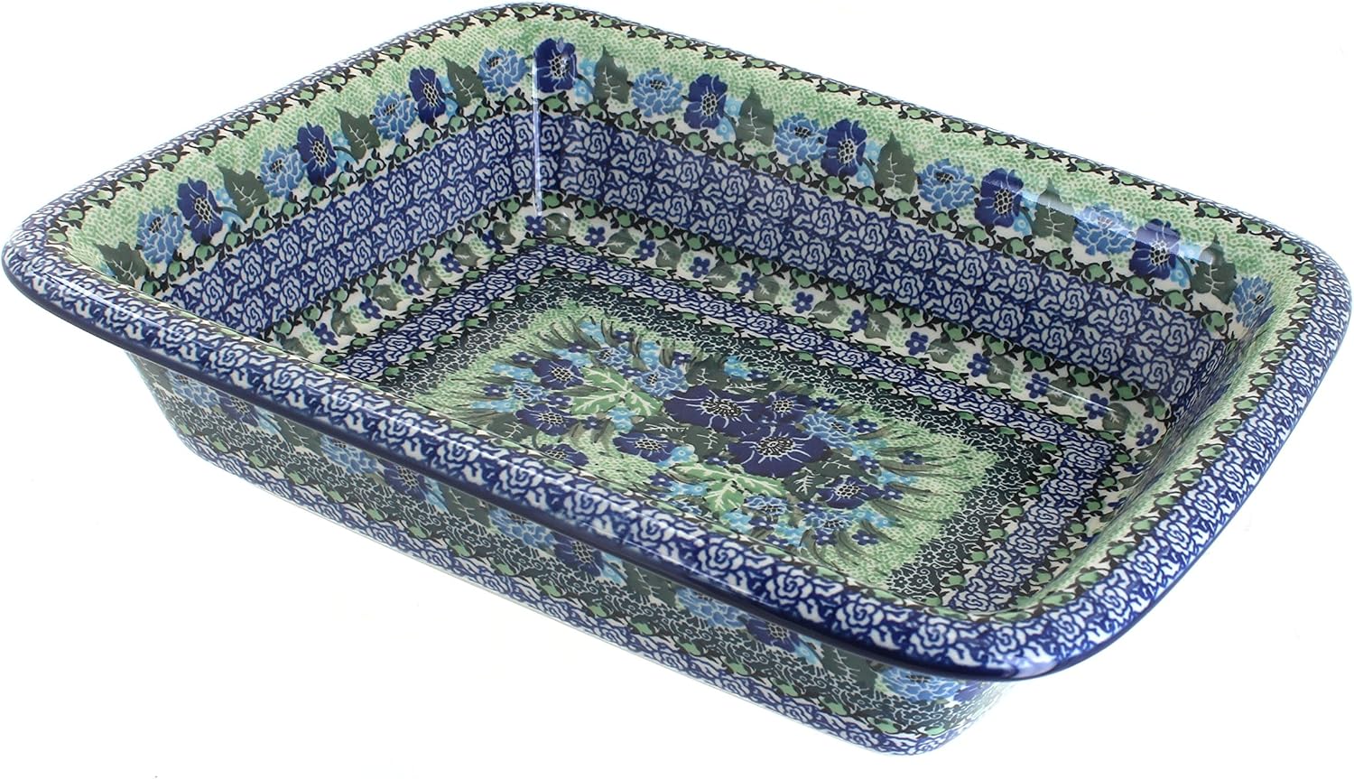 Blue Rose Polish Pottery - Blue Sapphire Fields Medium Rectangular Baker - 12.25' x 10' - Unique, Dishwasher Safe, & Durable Bakeware