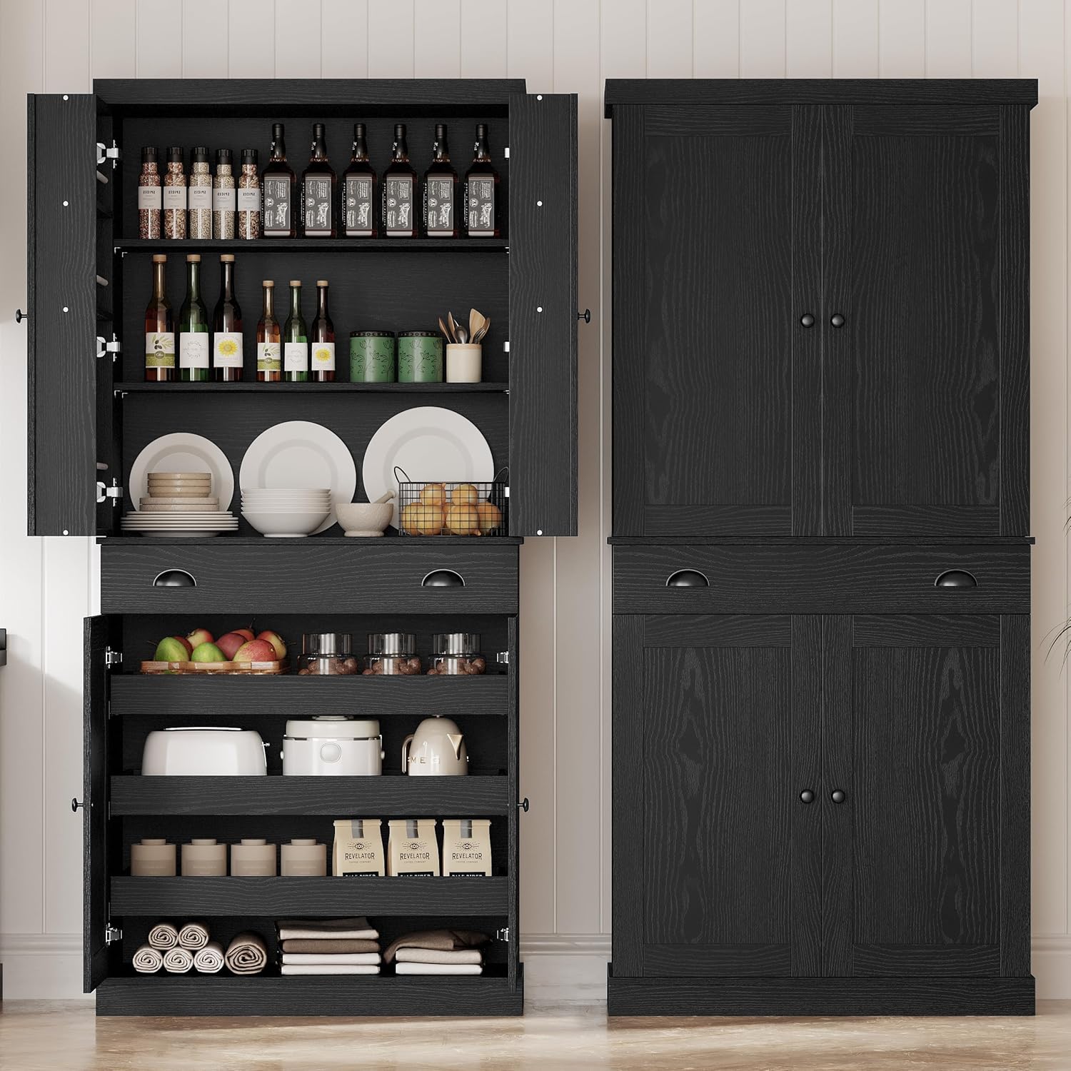 IRONCK Kitchen Pantry Cabinet 72' Height, Freestanding Cupboard with Drawer, Sliding Storage Rack, and 6 Hanging Shelves for Dining Room, Laundry, Living Room, Black