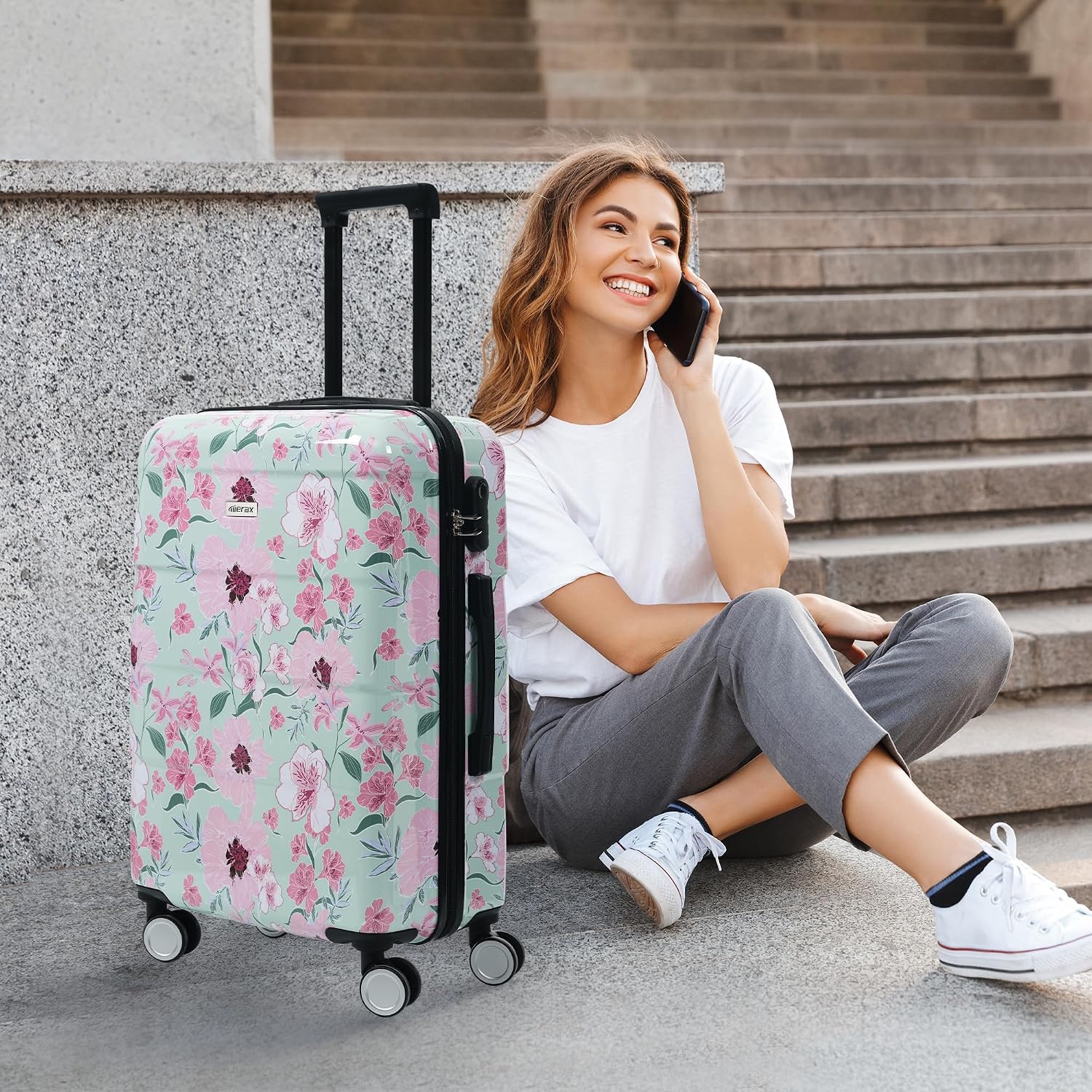 Merax 5 Piece Luggage Set with Spinner Wheels, Lightweight Printing Suitcase Set 8/14/20/24/28 inches, Durable Carry on Luggage with Handbag and Cosmetic Case Suitable all Ages,Green Pink Flower
