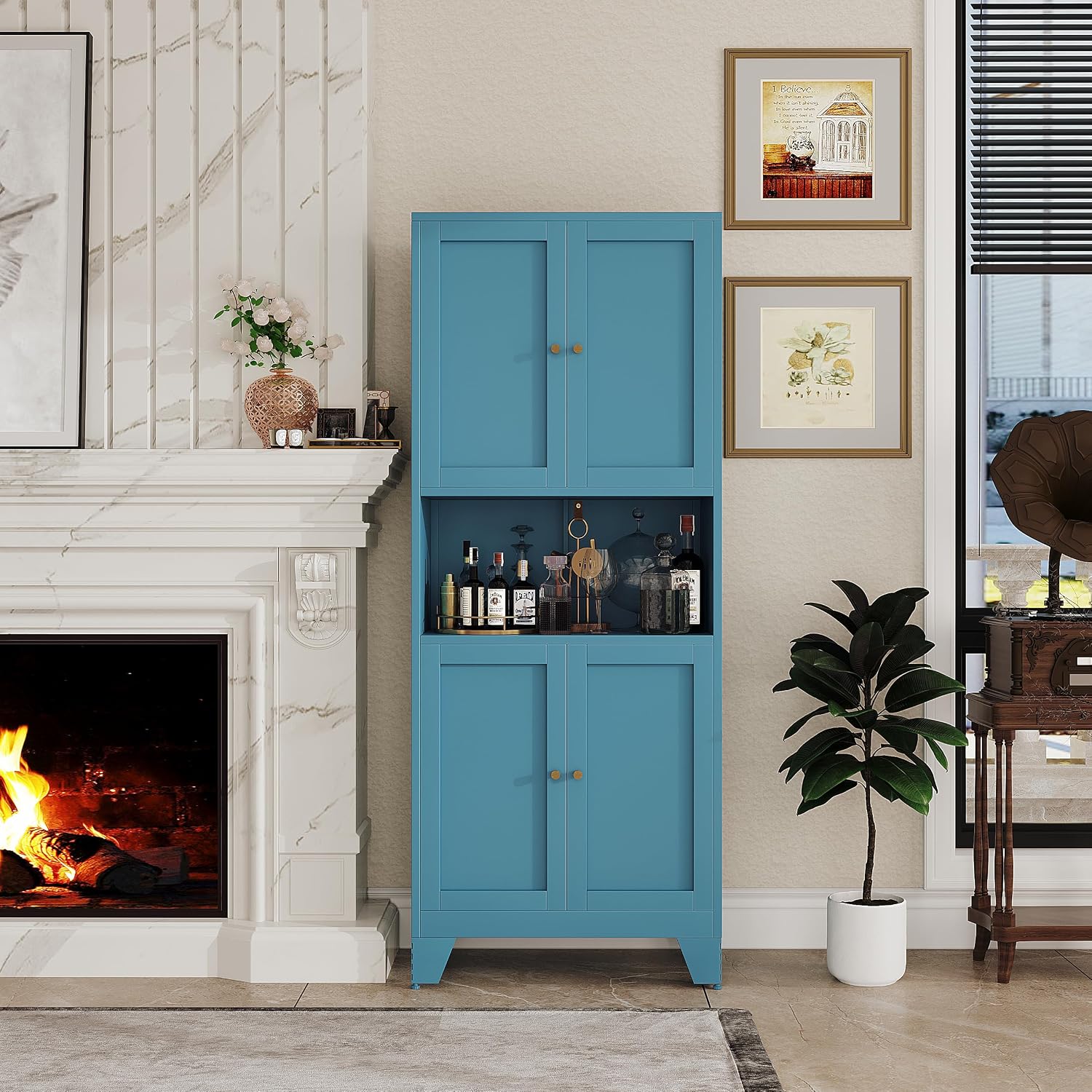 68.9'' Metal Pantry Cabinet, Kitchen Pantry Storage Cabinets with Doors and Microwave Shelf, Tall Freestanding Storage Cabinets with Anti-tip Design, for Dining Room Living Room Bathroom(Blue)