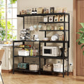 L-Shaped Bakers Rack with Power Outlet, 6-Tier Microwave Stand with Open Storage, Kitchen Shelf with Hooks, Coffee Bar with Wire Basket, Black
