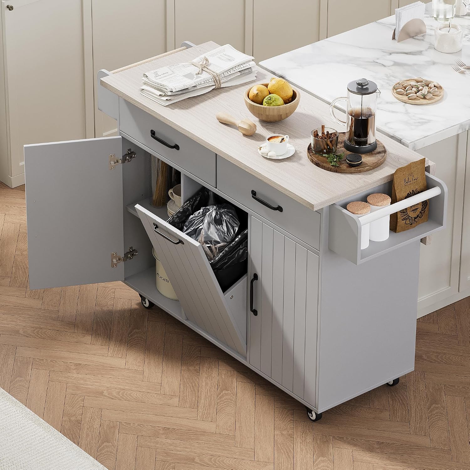Farmhouse Kitchen Island with Trash Can Storage Cabinet, Kitchen Cart with Drop Leaf, Spice Rack, Towel Rack and Drawer, Rolling Kitchen Island on Wheels with Adjustable Shelf (Grey1)