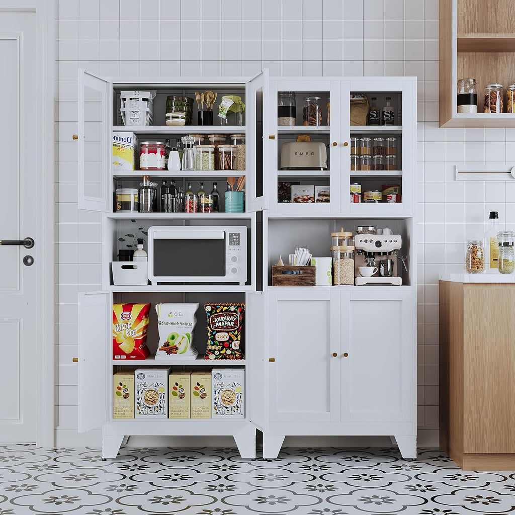 68.9'' Metal Kitchen Pantry Cabinet with Doors and Adjustable Shelves, Hutch Cabinet with Microwave Storage, Kitchen Cabinet Storage for Living Room, Bathroom, Home (White-Glass)