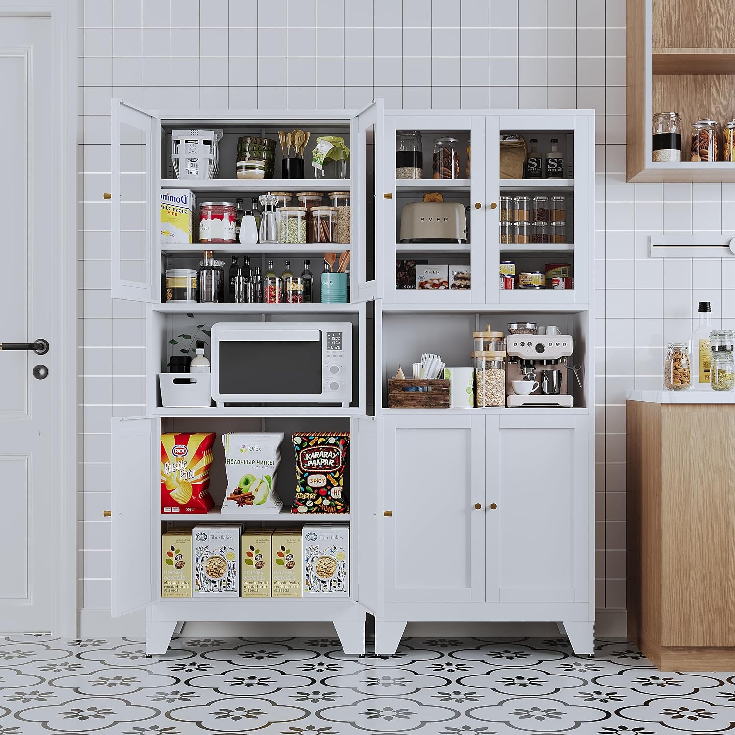 68.9'' Metal Kitchen Pantry Cabinet with Doors and Adjustable Shelves, Hutch Cabinet with Microwave Storage, Kitchen Cabinet Storage for Living Room, Bathroom, Home (White-Glass)