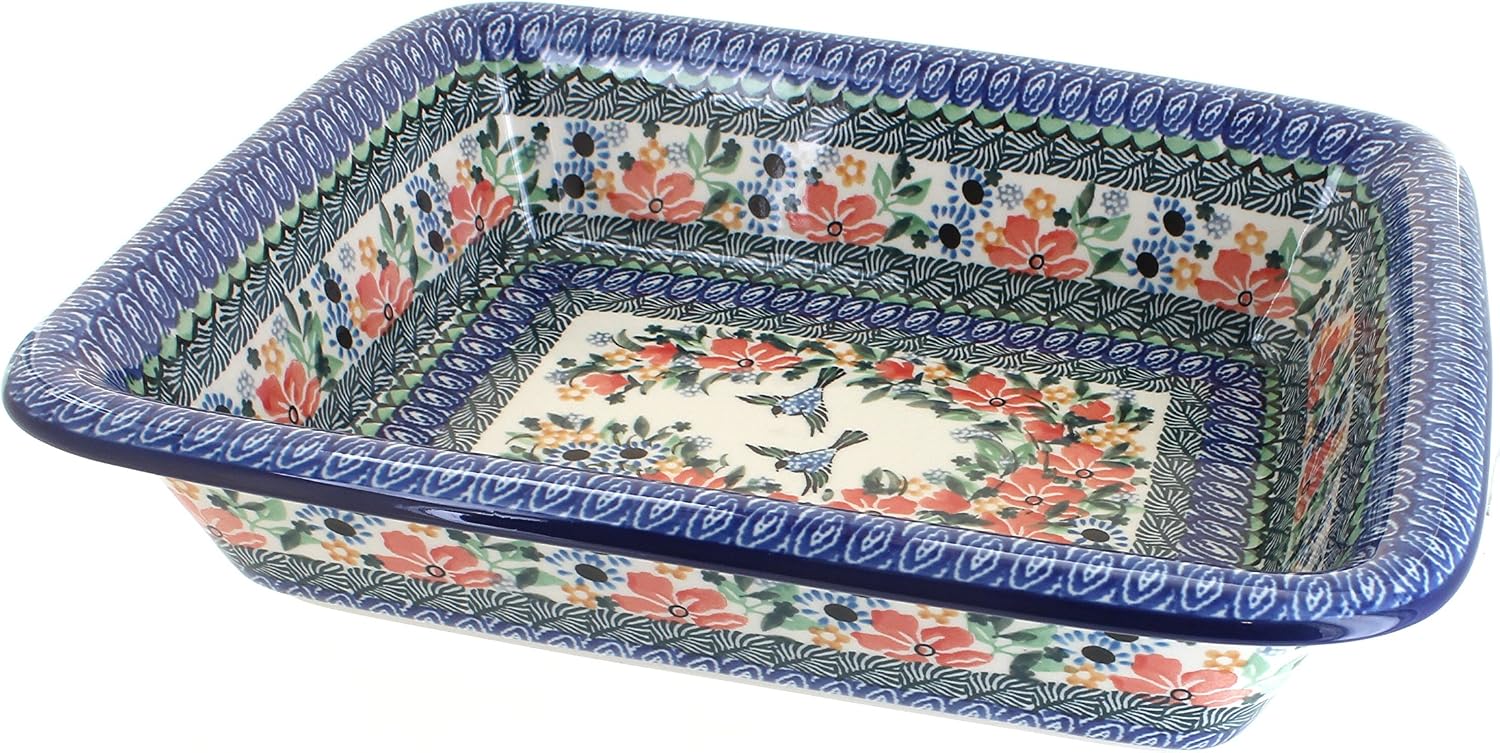 Blue Rose Polish Pottery - Blue Maria Medium Rectangular Baker - 12.25' x 10' - Unique, Dishwasher Safe, & Durable Bakeware