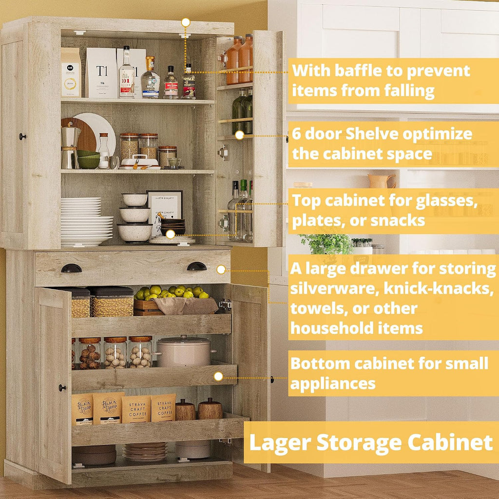 IRONCK Kitchen Pantry Cabinet 72' Height, Freestanding Cupboard with Drawer, Sliding Storage Rack, and 6 Hanging Shelves for Dining Room, Laundry, Rustic Maple