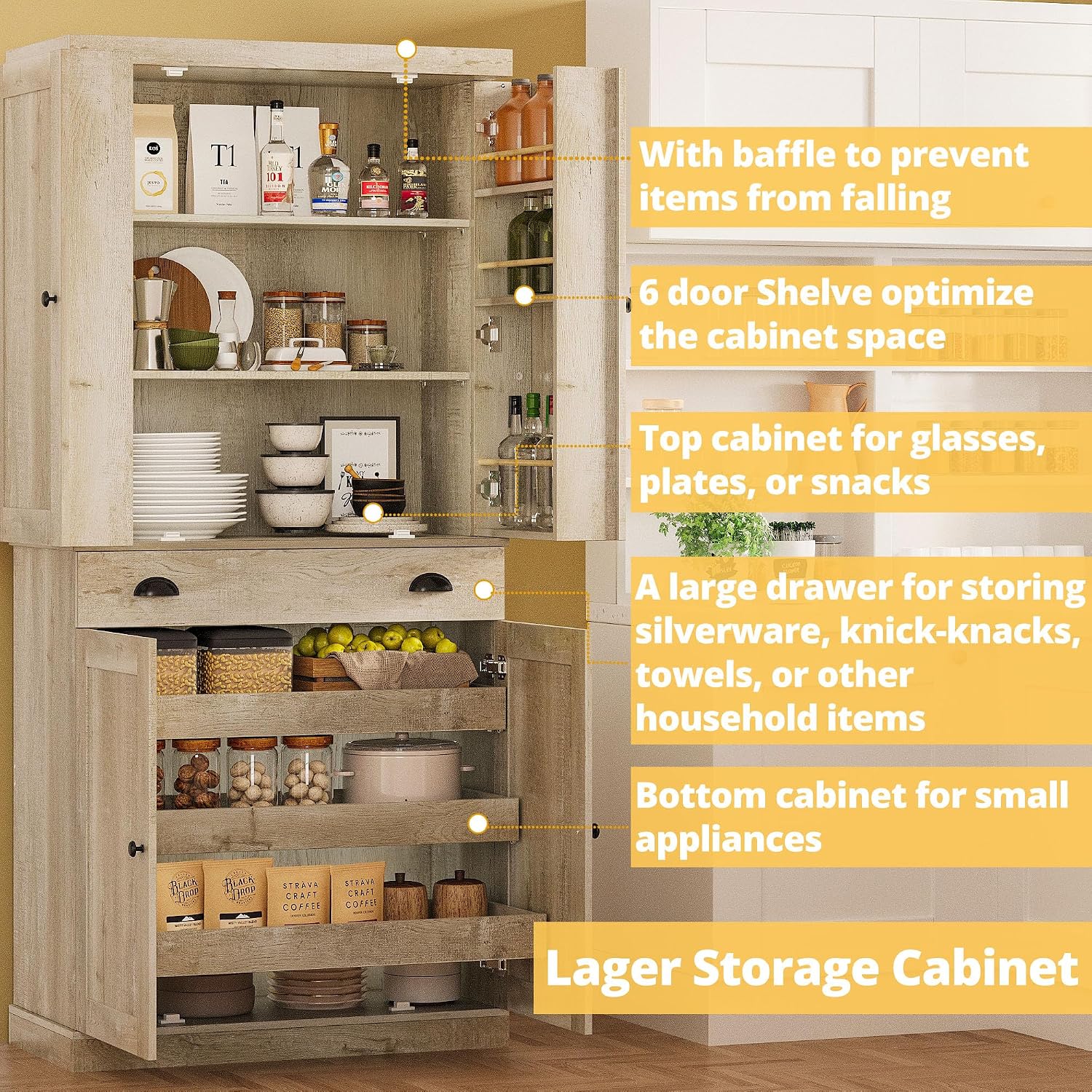 IRONCK Kitchen Pantry Cabinet 72' Height, Freestanding Cupboard with Drawer, Sliding Storage Rack, and 6 Hanging Shelves for Dining Room, Laundry, Rustic Maple
