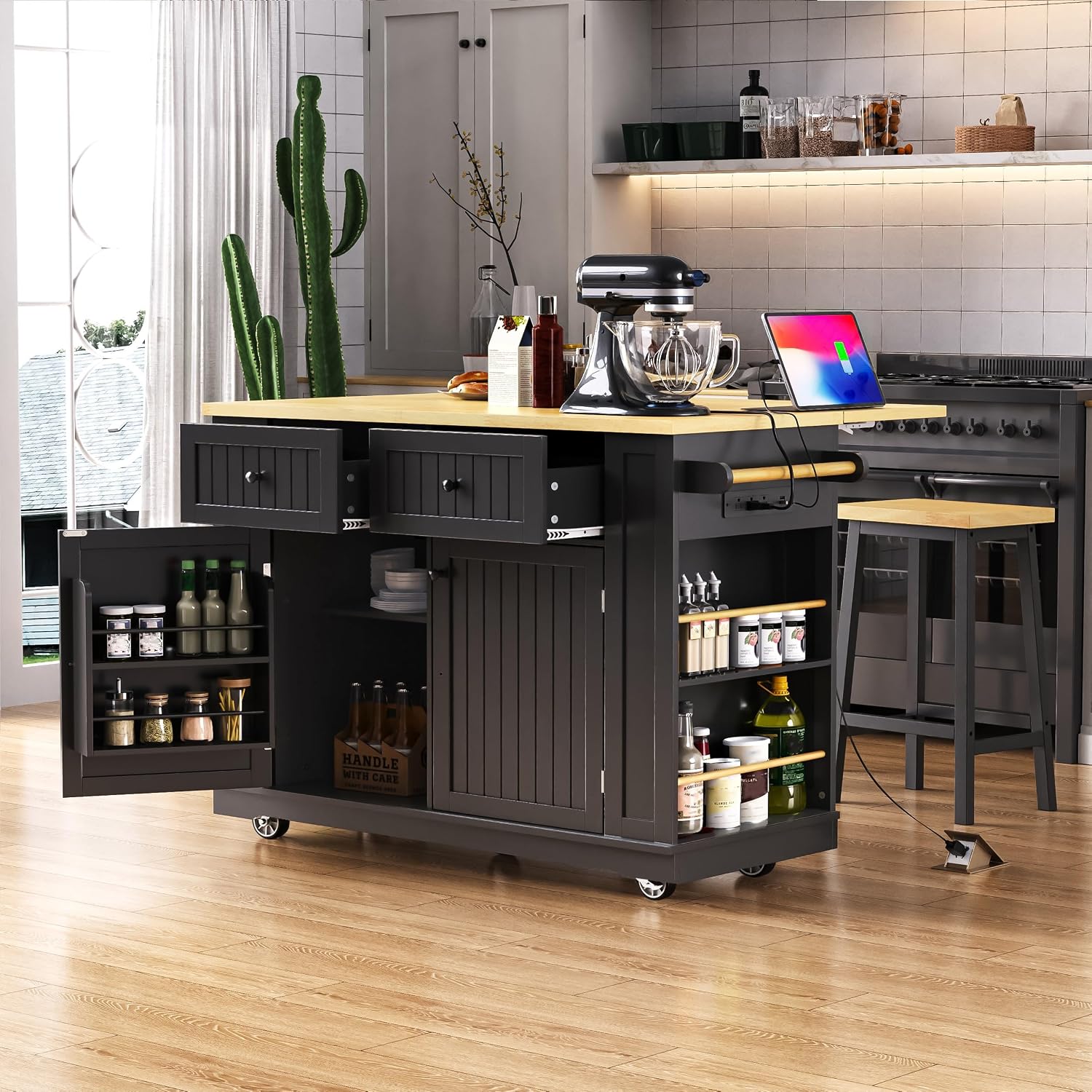 48 inch Rolling Kitchen Island Storage Cart on 5 Wheels with Drop Leaf, 2 Bar Stools, Power Outlet, Door Internal Storage Rack, 5 Open Side Racks, 2 Drawers for Dining Room, Home Bar Black